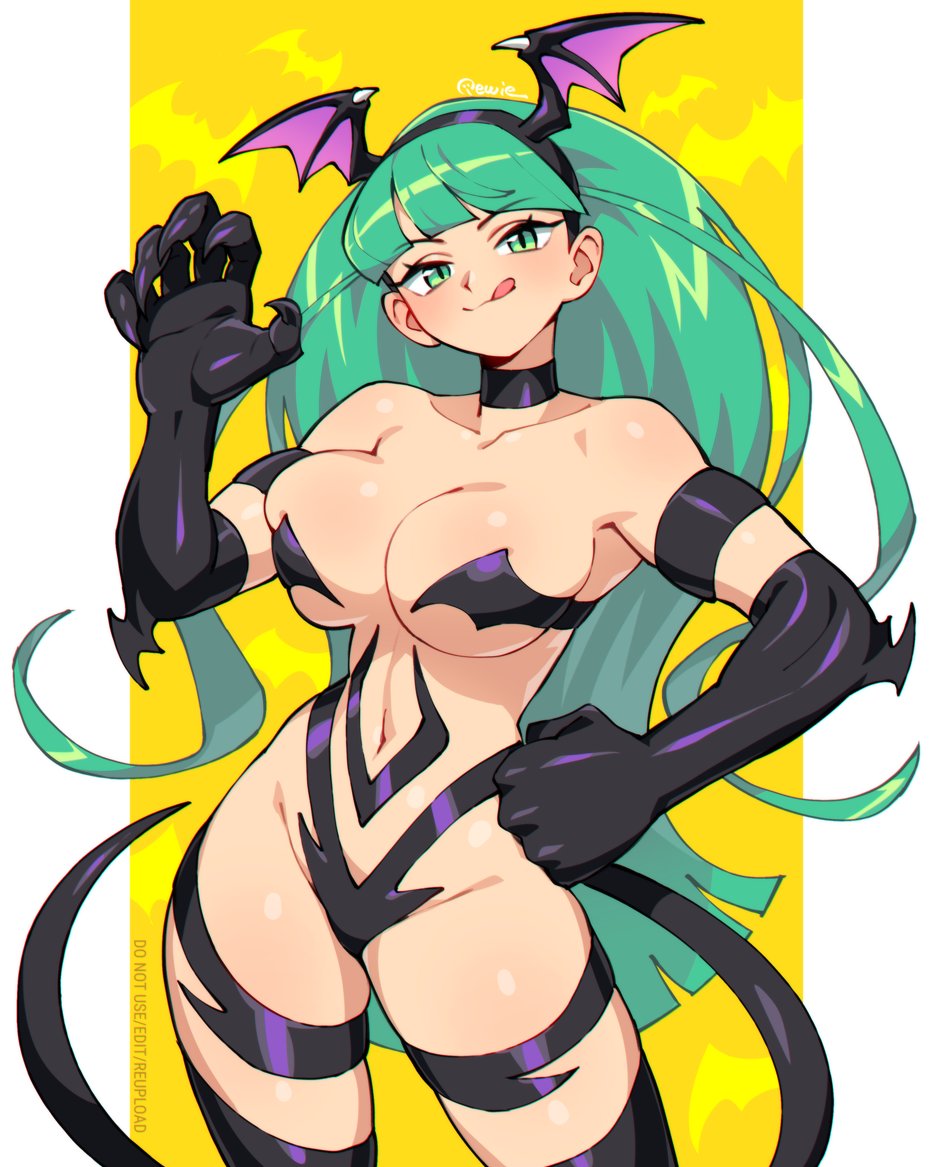 1girls, 333 (dqqqdle), artist signature, bat, bat wings, big breasts, bikini, breasts, capcom, choker, claws, cosplay, costume switch, darkstalkers, felicia (darkstalkers) (cosplay), female, female only, fit female, gloves, green eyes, green hair, head wings, hourglass figure, large breasts, light-skinned female, long hair, looking at viewer, mature female, morrigan aensland, navel, outfit swap, skimpy, skimpy clothes, slim waist, solo female, succubus, tongue out, wide hips, wings on head, yellow background