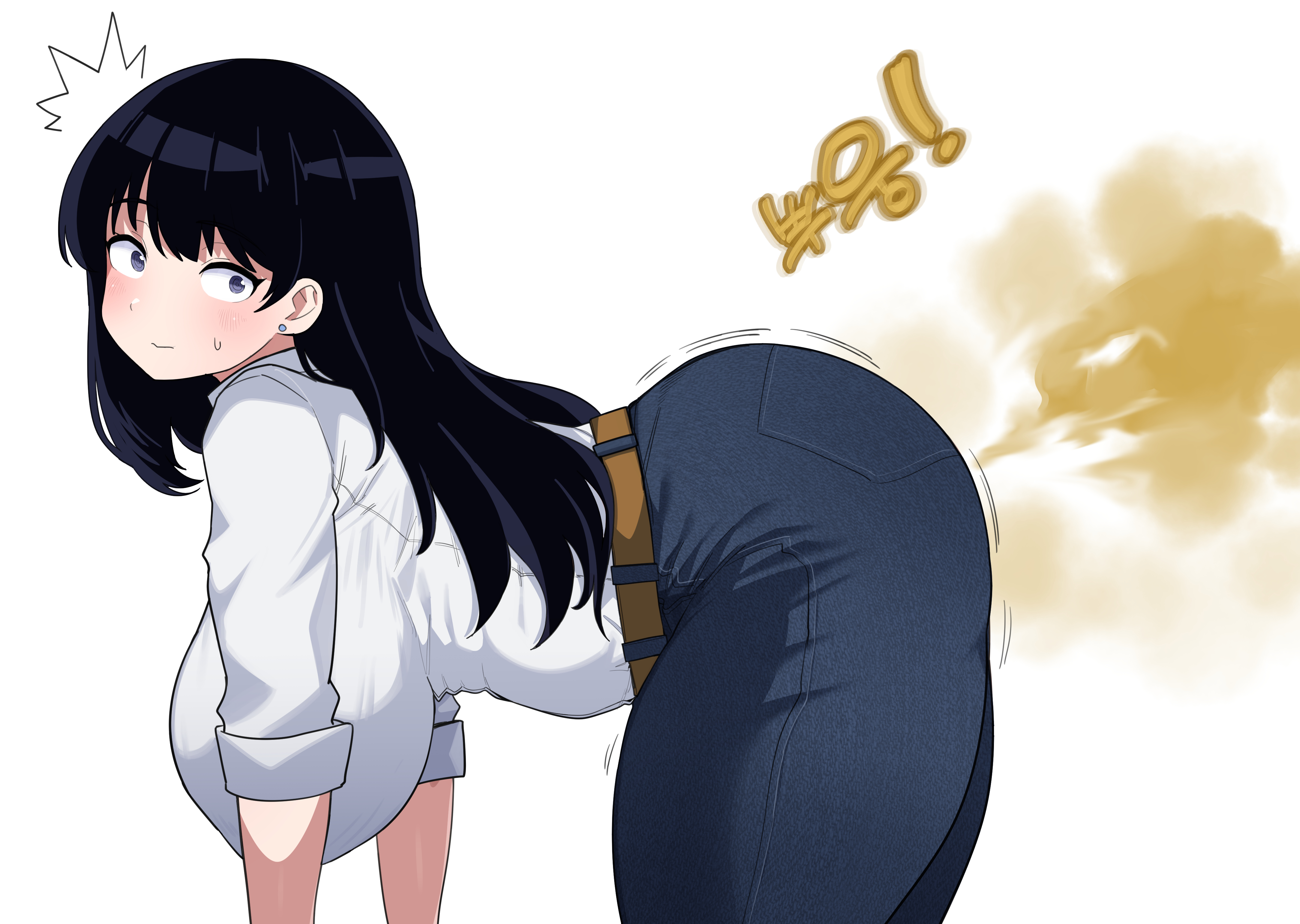 1girls, 4team, absurd res, arato nagi, ass, belt, bending over, bent over, big ass, big booty, big breasts, black hair, blue eyes, blue jeans, breasts, brown belt, clothed, clothed female, collared shirt, curvaceous, curvaceous female, earrings, fart, farting, female, female focus, female only, fully clothed, hanging breasts, highres, huge ass, huge breasts, jeans, jewelry, large ass, large breasts, light skin, light-skinned female, long black hair, long hair, looking to the side, nagi arato, pants, plump, plump thighs, rolled up sleeves, ruri no houseki, ruri rocks, shirt, shocked expression, simple background, solo, solo female, stud earrings, surprised, surprised expression, taut clothes, taut pants, thick thighs, thighs, tight clothing, tight jeans, voluptuous, voluptuous female, white background, white collared shirt, white shirt