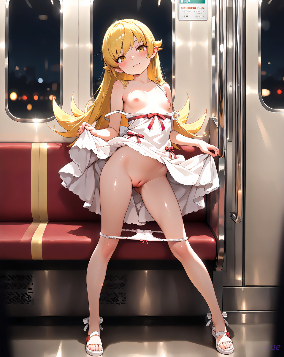 1girls, ai generated, bakemonogatari, bangs, bare shoulders, blonde hair, blush, bow, breasts, clothes lift, collarbone, dress, dress lift, dress pull, exhibitionism, female, full body, head tilt, high heels, lifted by self, long hair, looking at viewer, monogatari (series), nipples, oshino shinobu, panties, panty pull, parted lips, public indecency, pussy, sandals, small breasts, solo, standing, strap slip, sue, train interior, uncensored, underwear, white dress, white footwear, white panties, yellow eyes