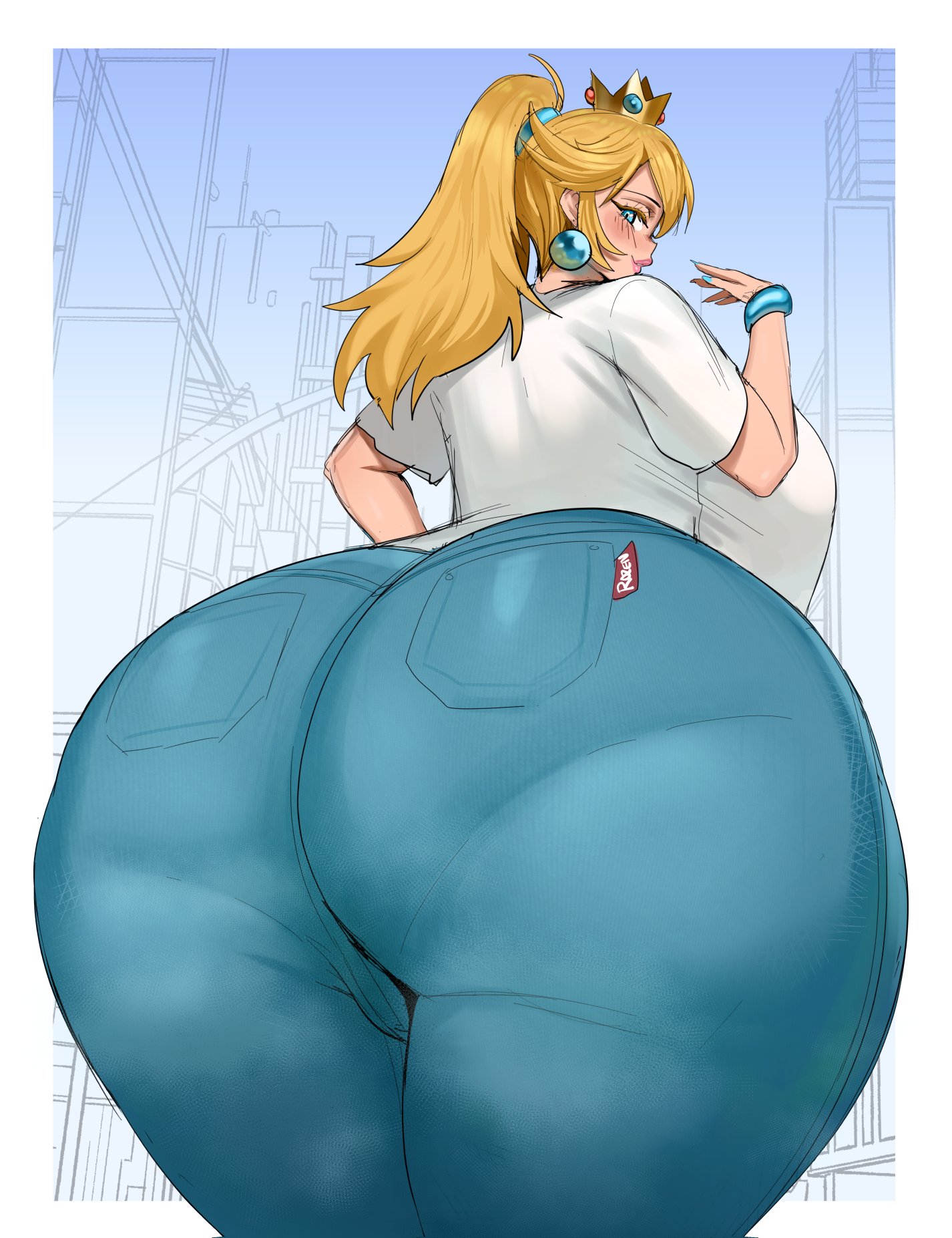 1girls, ass, ass focus, blonde female, blonde hair, blue eyes, blush, bottom heavy, bracelet, breasts, casual wear, colored nails, crop top overhang, crown, ear ornament, earrings, fat ass, female, female only, gaikiken, huge ass, human, human only, jeans, large ass, lipstick, looking at viewer, looking back, mammal, mario (series), massive ass, nintendo, ponytail, princess peach, public, rozendraws, shirt hanging from breasts, smiling, smiling at viewer, solo, solo female, solo focus, super mario bros., thick ass, thick thighs, white shirt