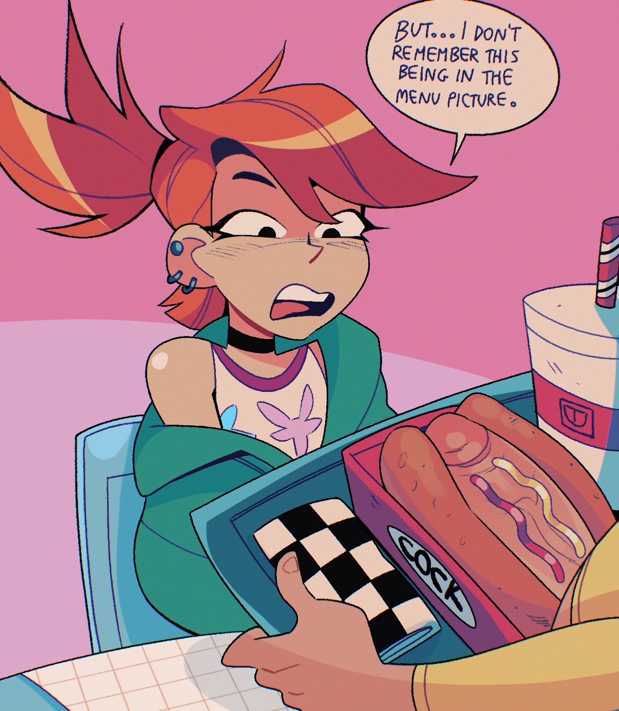 cartoon network, diner, ear piercing, food play, foster's home for imaginary friends, frankie foster, hot dog, jacket, jacket off shoulders, mix comic, penis, penis hot dog, penis in hot dog bun, red hair, tank top