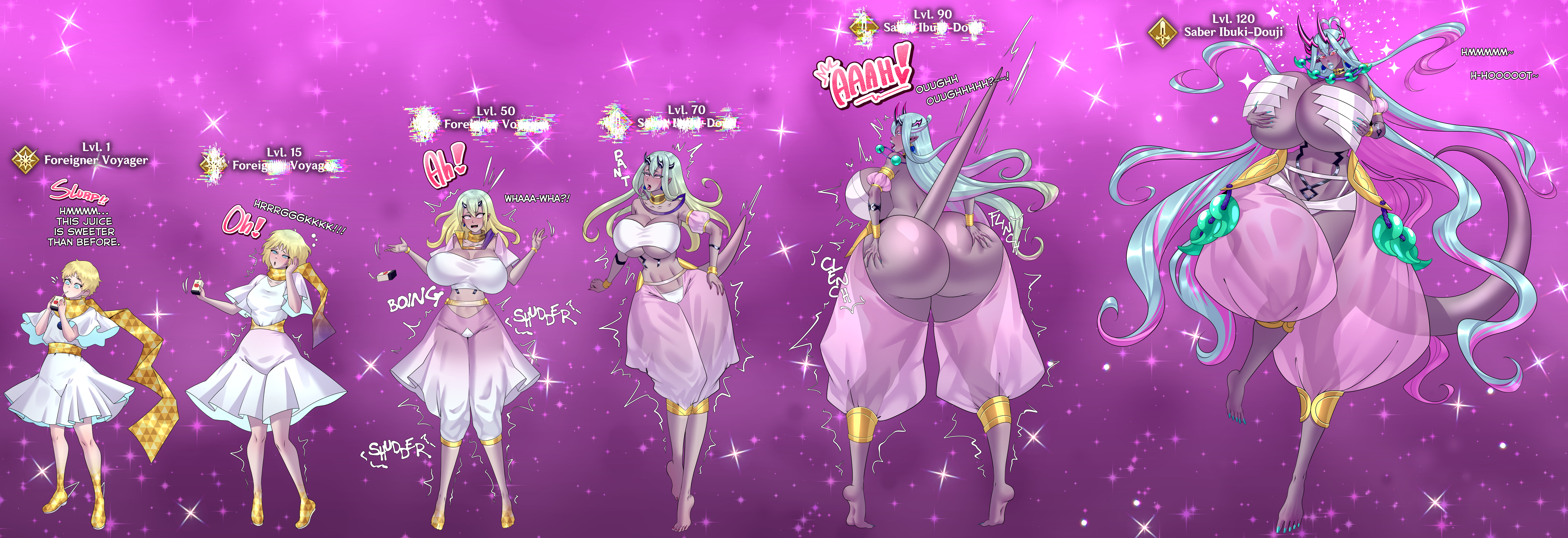 ass, ass expansion, bimbo, bimbofication, breast expansion, breast growth, breast growth (enlargement), breasts, english text, fate (series), fate/grand order, female, gender transformation, getting bigger, hair growth, high heels, huge ass, huge breasts, ibuki douji (fate), keygii, lip expansion, mtf transformation, navel, nipples, text, thick lips, thick thighs, transformation, transformation sequence, wide hips