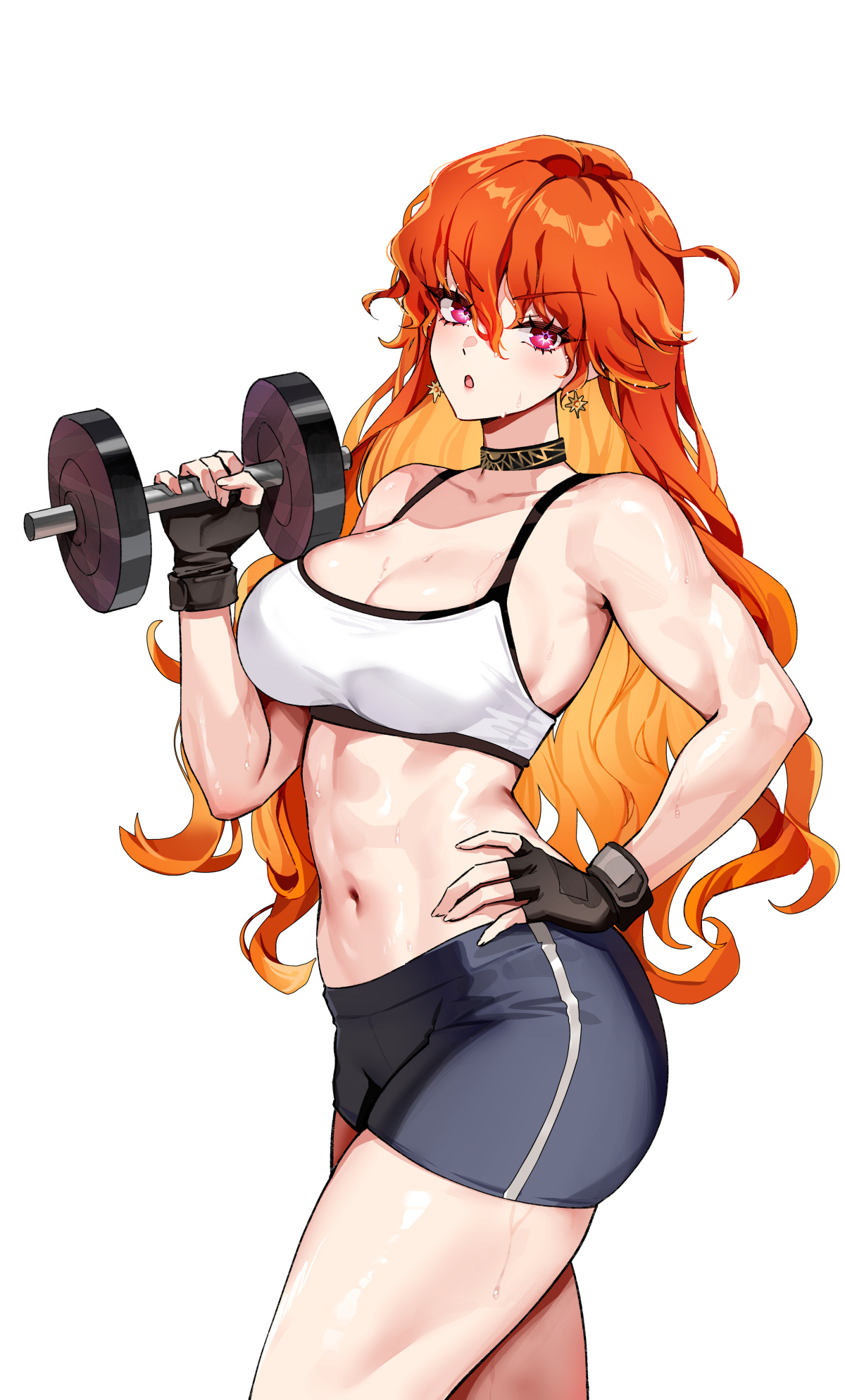 alternate costume, augusta (wuthering waves), bare shoulders, black choker, black gloves, black shorts, bottle, breasts, choker, cleavage, collarbone, colored inner hair, commentary, dumbbell, earrings, exercising, female, fingerless gloves, foxyreine, gloves, hair between eyes, hand on own hip, highres, holding, holding dumbbell, jewelry, long hair, looking at viewer, medium breasts, multicolored hair, navel, open mouth, orange hair, red eyes, shorts, signature, simple background, solo, sports bra, stomach, sun earrings, sweat, textless version, thighs, toned, toned female, water bottle, watermark, web address, weightlifting, white sports bra, wuthering waves