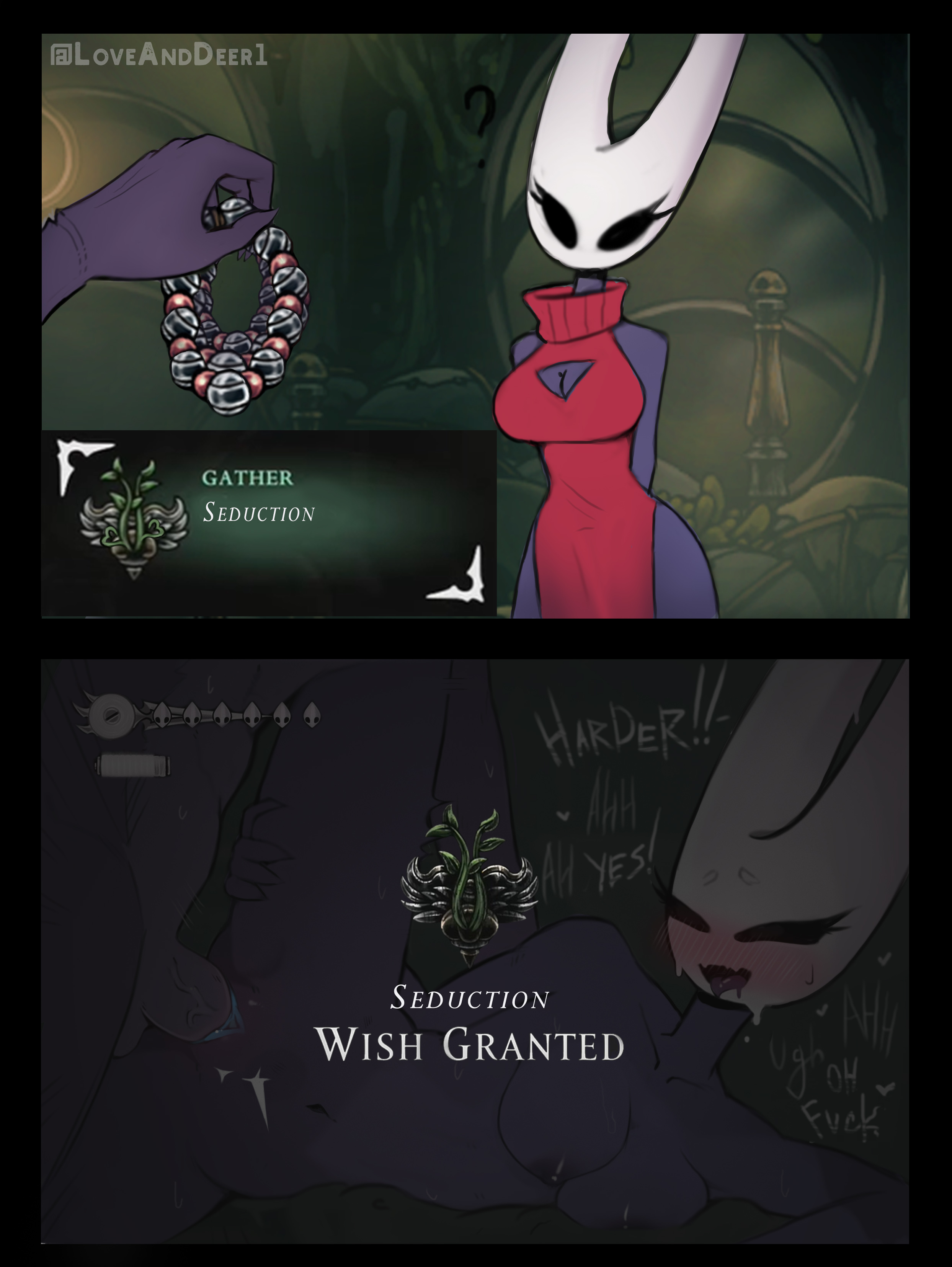 1boy, 1girls, arms behind back, beads, black body, blush, boob window, breasts, breasts out, bug, color, dialogue, english text, female, female focus, hollow knight, hollow knight: silksong, hornet (hollow knight), horny, insects, loveanddeer1, lying, lying on side, male, male/female, mommy, money, non-monetary prostitution, one leg up, prostitution, rosary, sex, sexy, silksong, text, tongue, tongue out, twitter link, white head