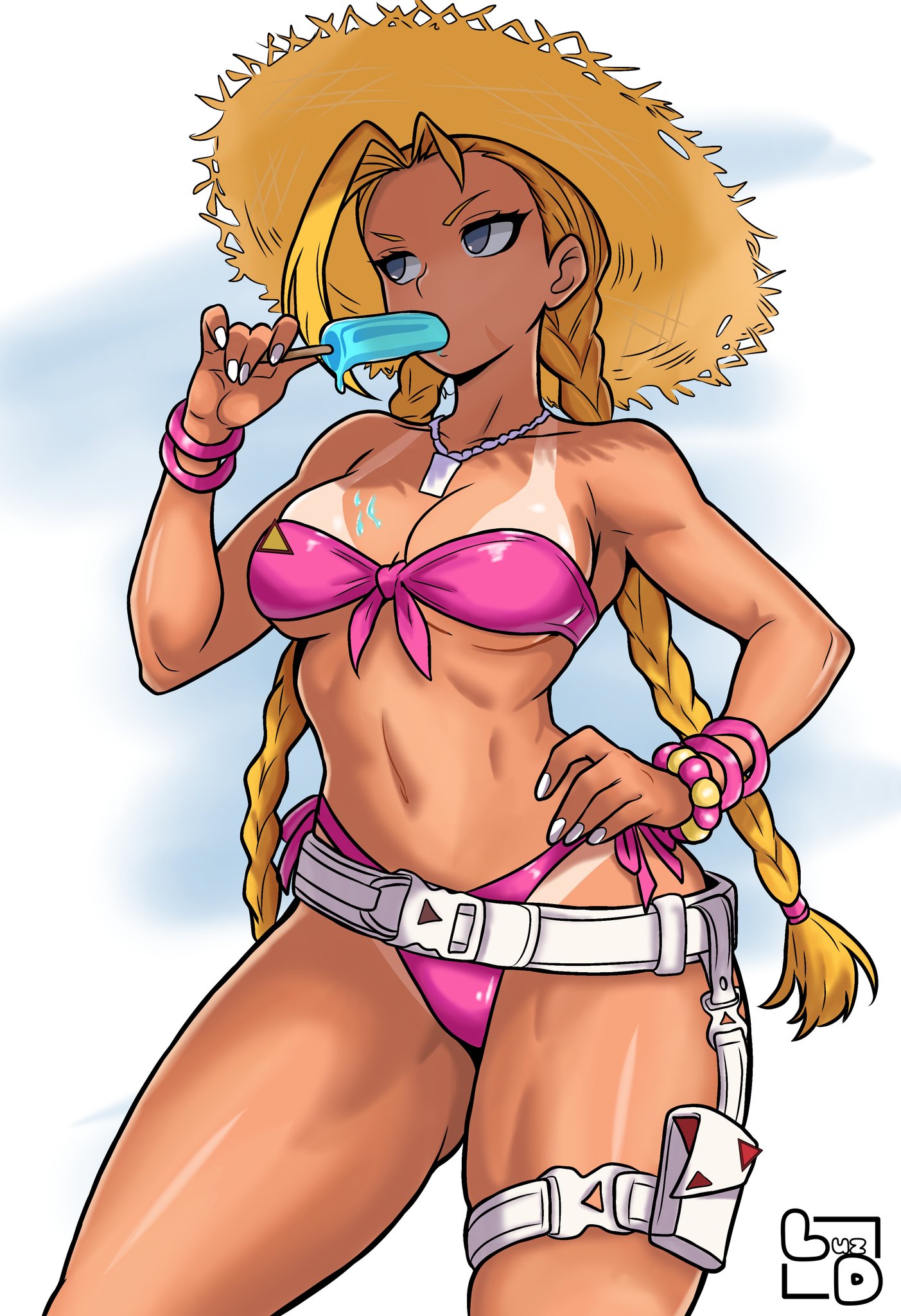 1girls, armwear, bikini, bikini bottom, bikini tan, bikini top, blonde hair, blue eyes, bottomwear, bracelet, braid, braided hair, breasts, cammy white, capcom, female, female only, hair, hand on hip, hat, headwear, hips, holding object, luz dreaw, medium breasts, nail polish, nails, necklace, neckwear, official alternate costume, pink bikini, pink lips, pink lipstick, popsicle, popsicle in mouth, side-tie bikini, solo, solo female, street fighter, sun hat, swimwear, tan body, tan skin, tanline, tanlines, tanned, tanned female, tanned skin, thick thighs, thigh strap, thighs, topwear, white nail polish, white nails, wide hips