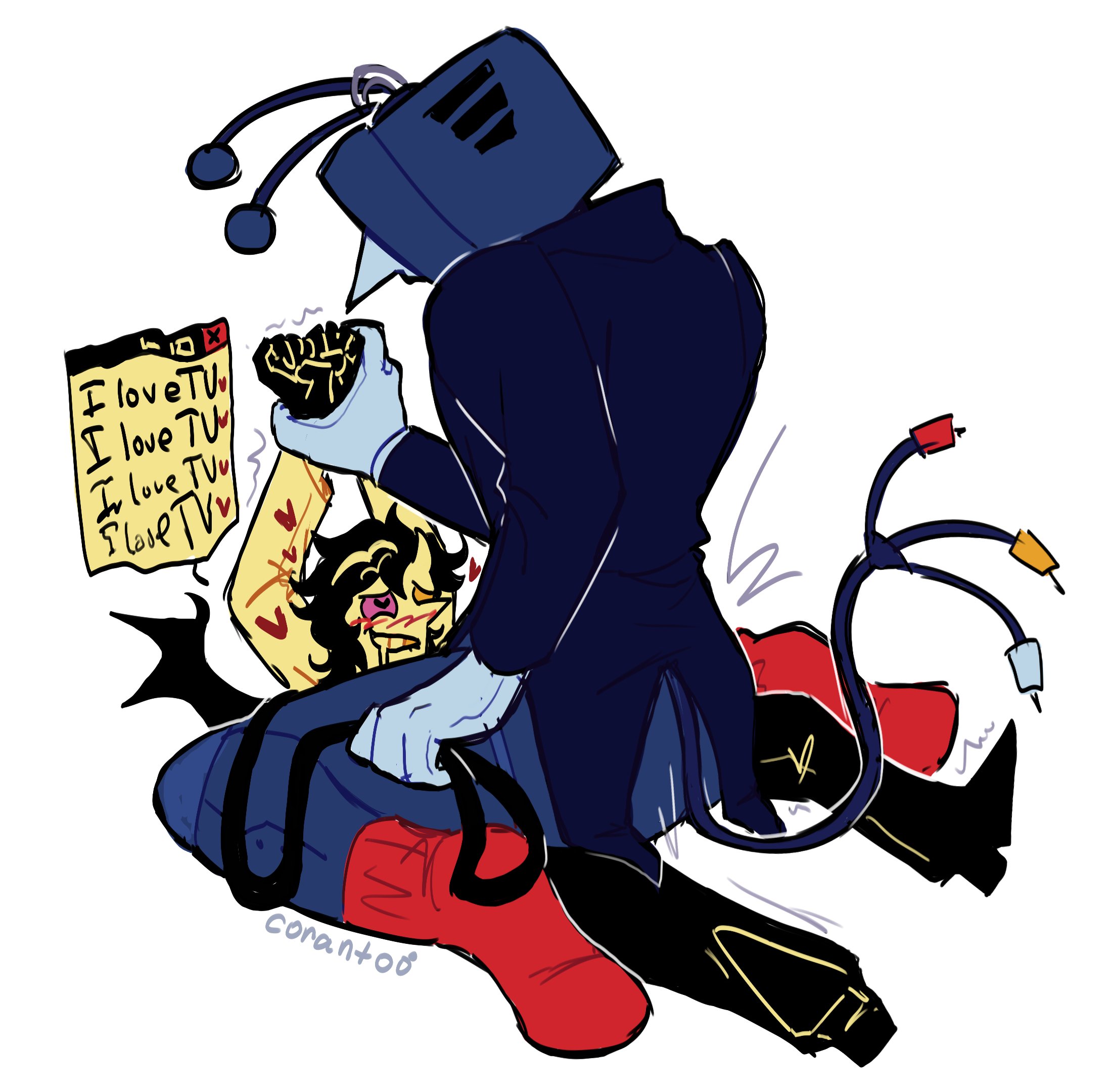 cowgirl position, defernull, deltarune, dominating the dominant, gay, male, screen face, small dom big sub, spamton g spamton, tagme (artist), tenna (deltarune), yaoi