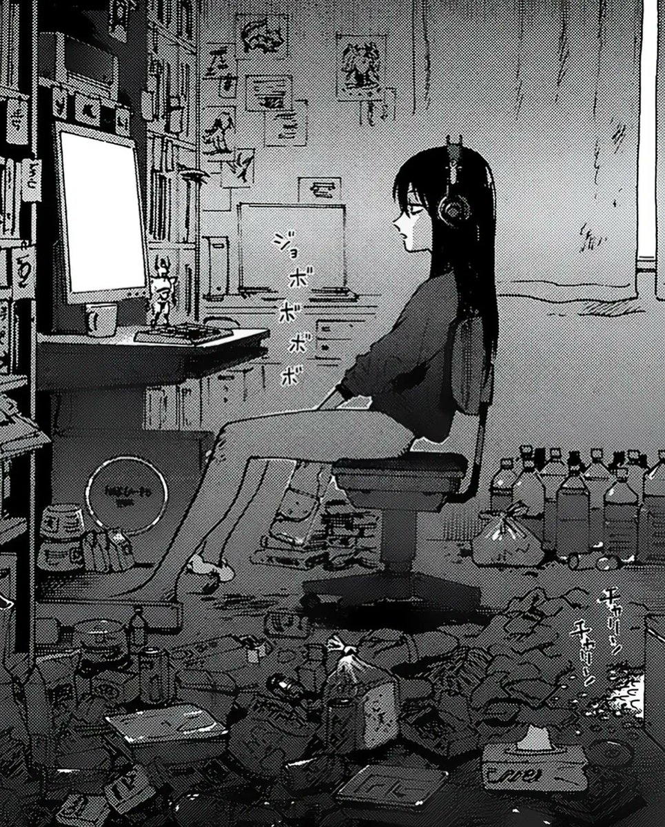 1girls, artist request, bare legs, black hair, bottomless, clothed female, computer, computer monitor, computer screen, depressed, depressing, depression, female, female focus, female only, femcel, filthy, goonette, headphones, headwear, hikikomori, lonely, long hair, looking at computer, messy room, no panties, no pants, otaku, out of context, peeing, peeing in bottle, peeing in cup, peeing into container, pissing, sad, shaved legs, sitting, sitting on chair, sketch, solo, solo female, solo focus, sound effects, staring, tagme