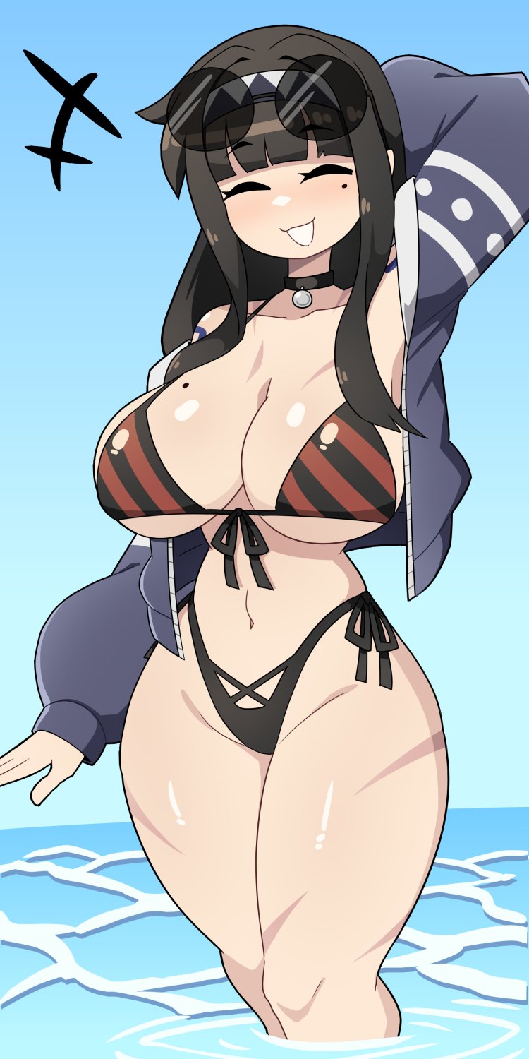 1girls, arm behind head, bangs, big breasts, bikini, black hair, breasts, choker, closed eyes, commission, eyelashes, female, female only, grin, hi res, j5daigada, jacket, legs in water, long hair, mole, mole on breast, mole under eye, round glasses, sidelocks, smile, solo, sunglasses, sunglasses on head, thick thighs, wide hips