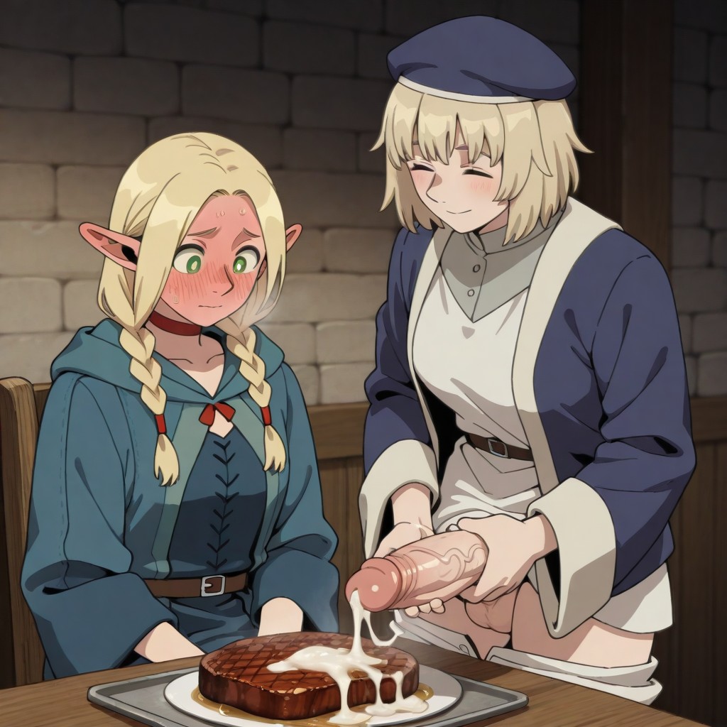 1futa, 2girls, ai generated, balls, beret, blonde hair, blush, braids, closed eyes, cum, cum on food, cum string, dungeon meshi, falin touden, female, full face blush, futa masturbation, futanari, intersex, large penis, marcille donato, masturbation, penis, robe, smile, testicles, veiny penis
