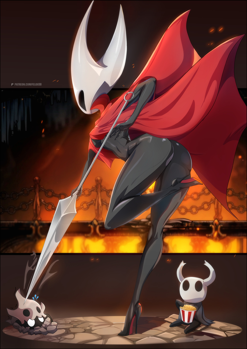 1girls, ass, ass focus, bare legs, bare thighs, big ass, big butt, bug, bug girl, color, dark skin, dark-skinned female, felox08, female, food, hi res, high heels, hollow knight, hollow knight: silksong, hornet (hollow knight), jpeg, popcorn, thick thighs, weapon