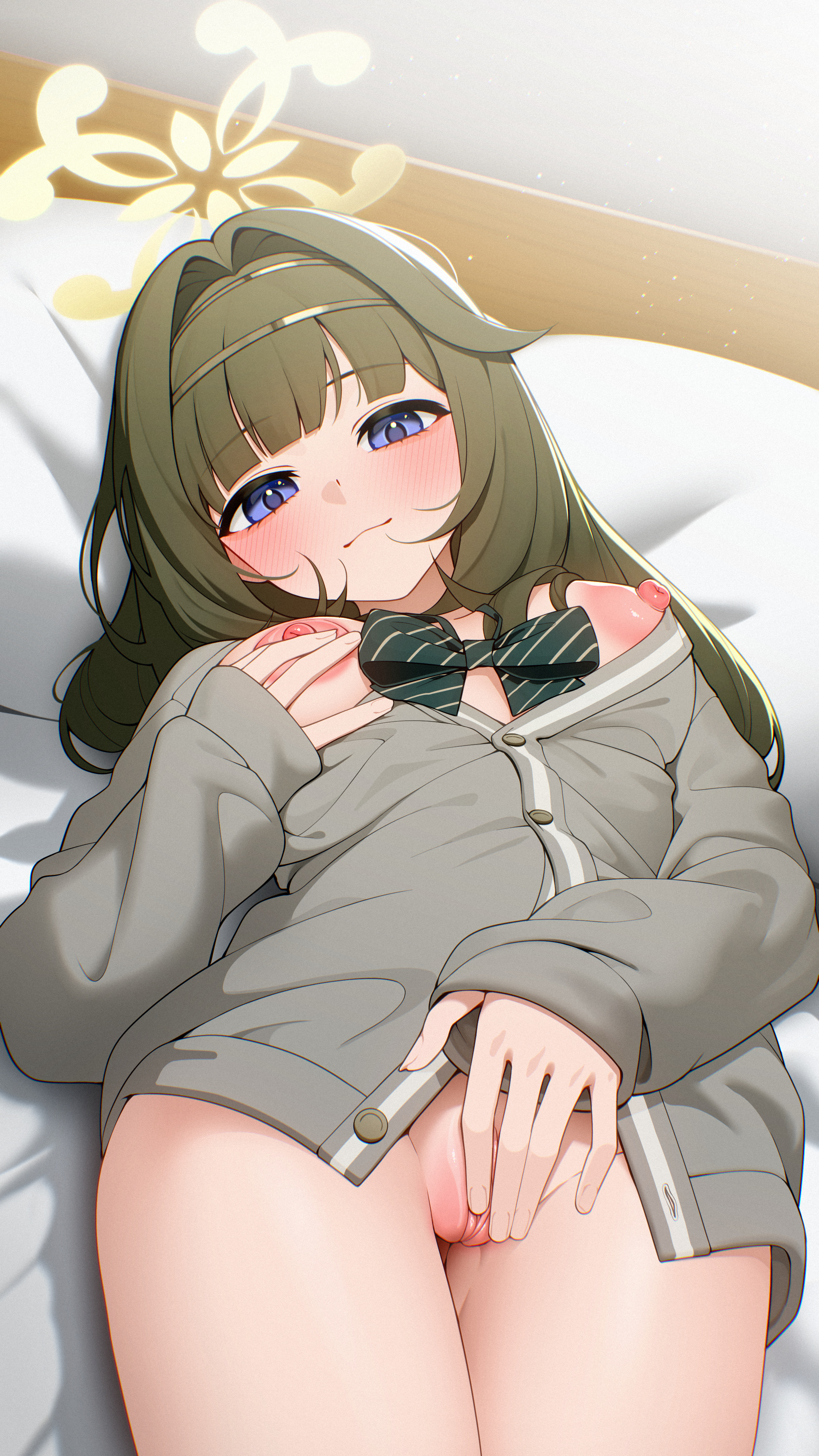 2025, blue archive, blush, breasts, breasts out, brown hair, ett, female, fingering, fingering self, hi res, lying, lying on back, masturbation, nipples, no bra, nude, nude female, pussy, short hair, tagme, tsumugi (blue archive), uncensored