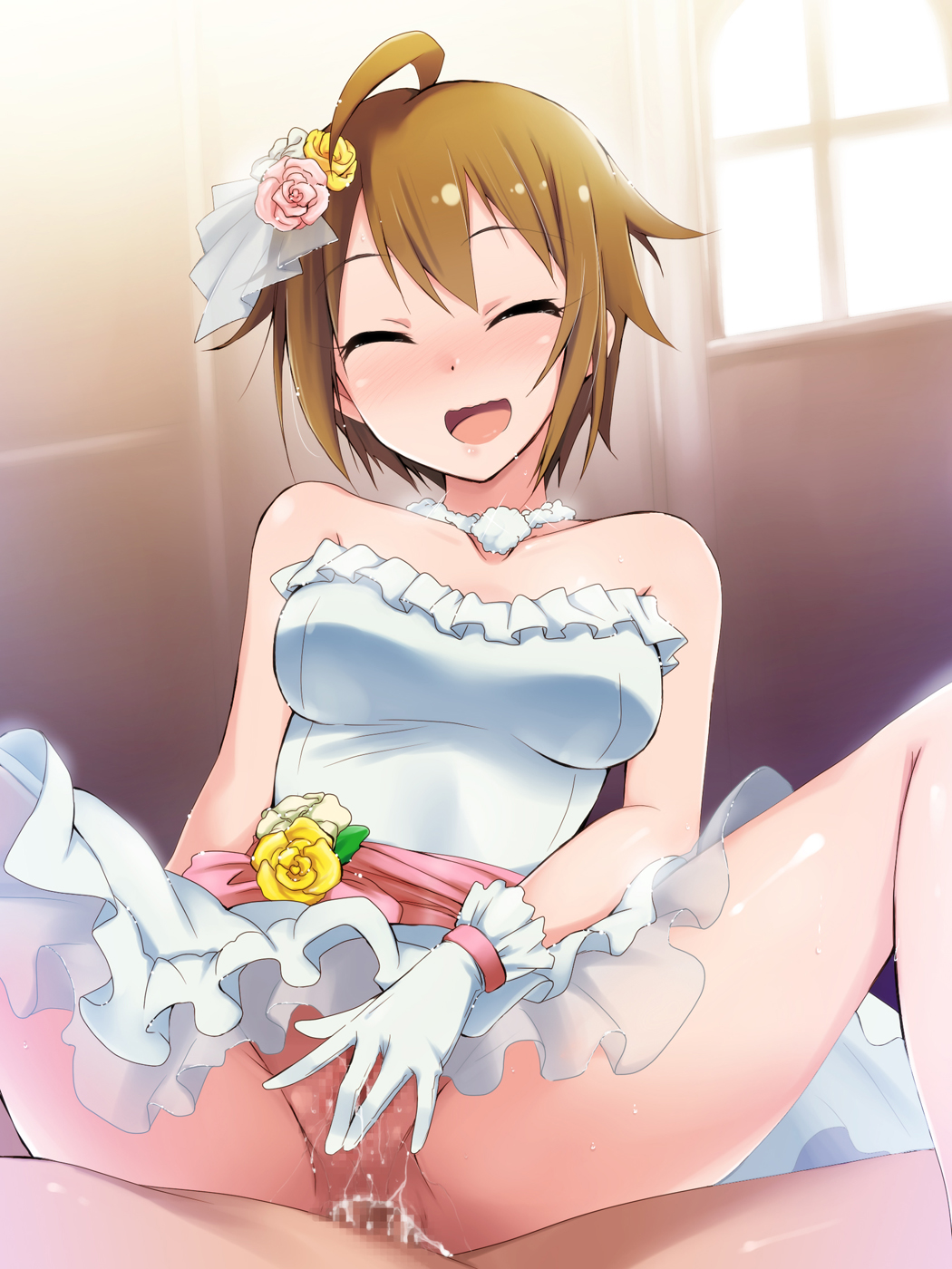 ahoge anal bare_shoulders blush bride brown_hair censored closed_eyes cowgirl_position cum cum_in_ass dress female flower gloves hair_flower hair_ornament highres human ibuki_tsubasa idolmaster idolmaster_million_live! jewelry kaiga male necklace no_panties open_mouth penis pussy pussy_juice sex short_hair skirt smile solo_focus spread_legs straddling straight sweat wedding_dress white_dress white_gloves