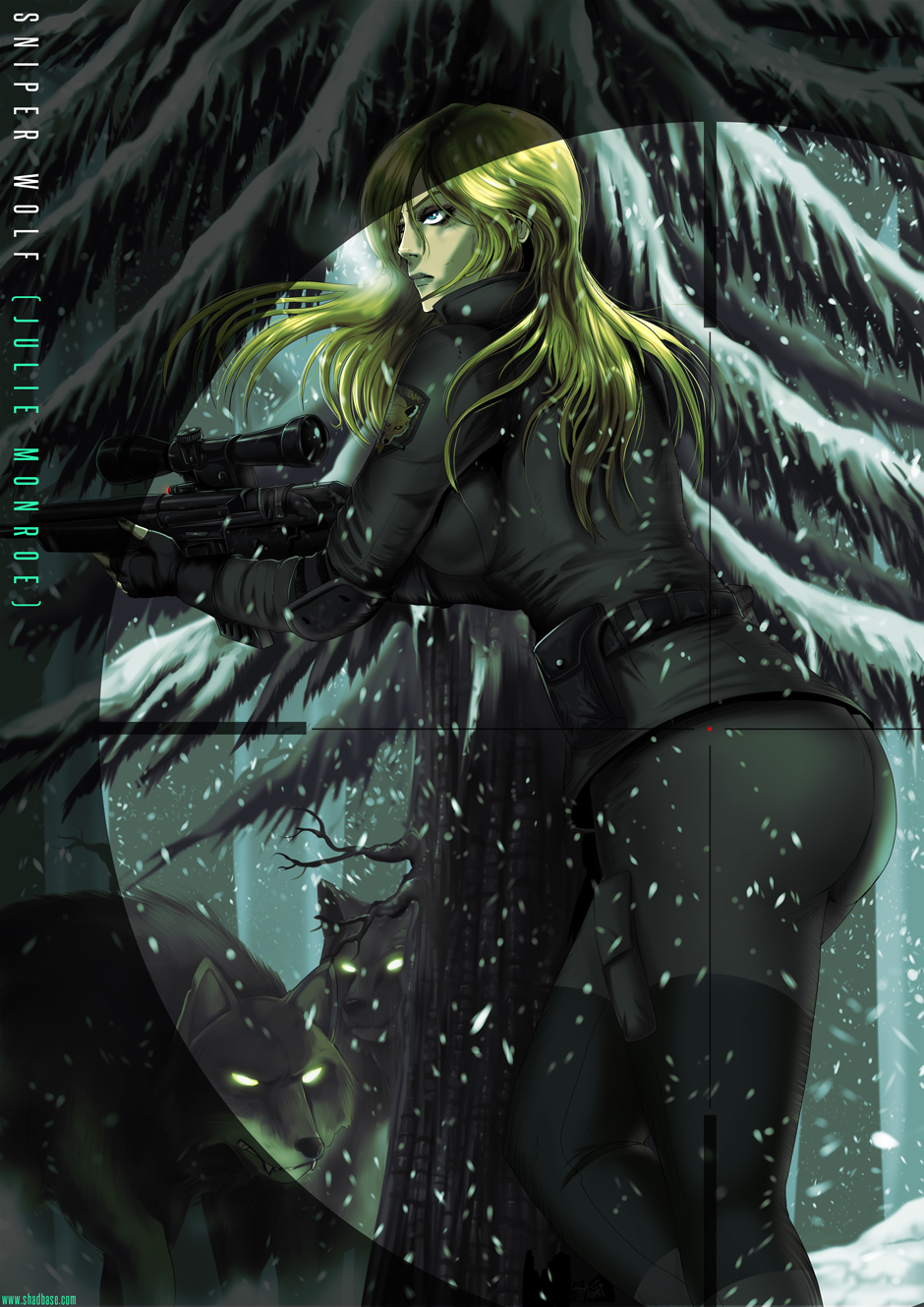 1girls ass blonde blonde_hair bodysuit crosshair female forest gun long_hair metal_gear metal_gear_solid pinup rifle scope shadman sniper sniper_rifle sniper_wolf snow solo weapon wolf