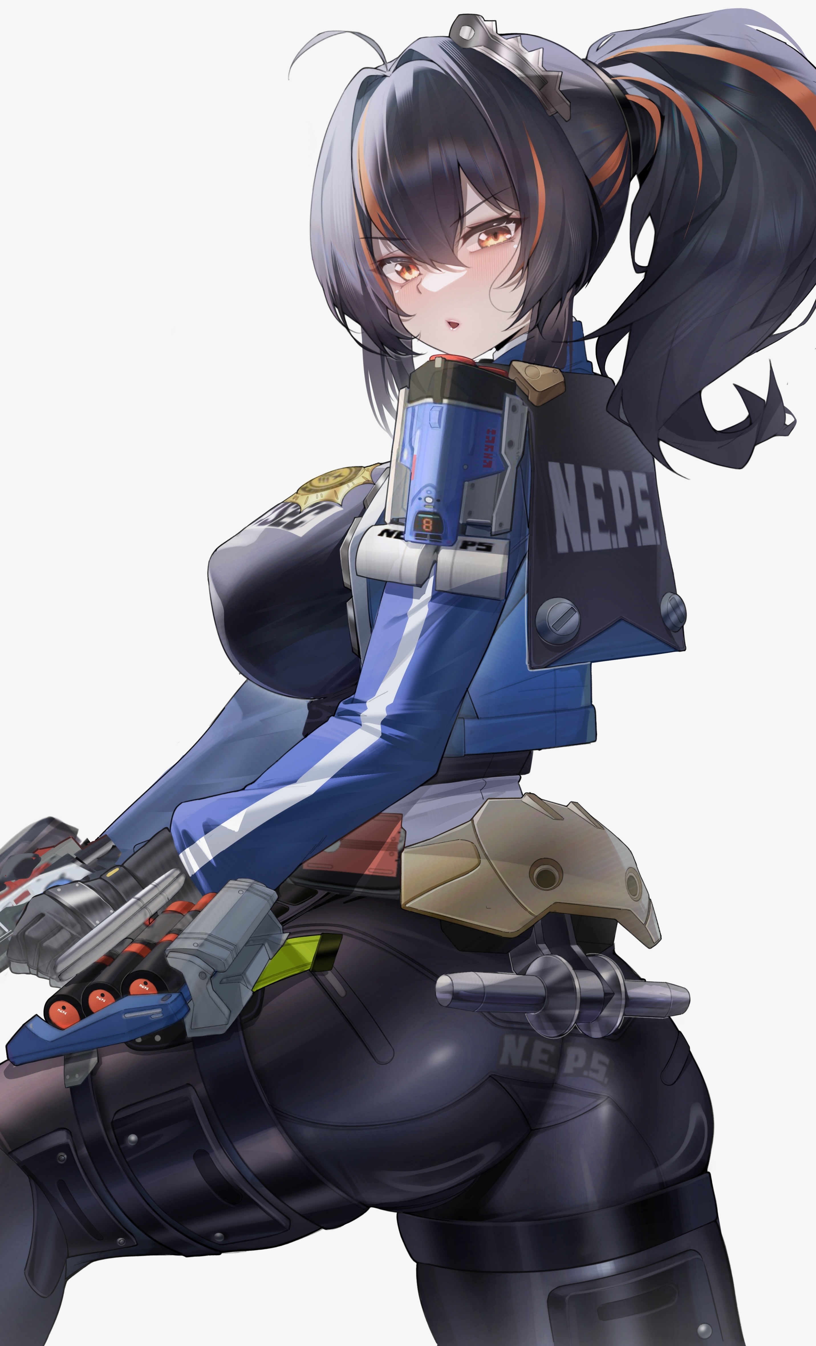 absurdres, ahoge, ass, black gloves, black hair, black pants, black shirt, blue jacket, blush, breasts, commentary request, cropped jacket, female, from behind, gloves, gun, hair between eyes, hair intakes, hairband, handgun, highres, holding, holding gun, holding weapon, jacket, jihua tong, large breasts, long hair, long sleeves, looking at viewer, looking back, metal hairband, multicolored hair, open clothes, open jacket, open mouth, pants, police, police badge, police uniform, policewoman, red eyes, red hair, shirt, simple background, solo, streaked hair, tight clothes, tight pants, v-shaped eyebrows, weapon, white background, zenless zone zero, zhu yuan