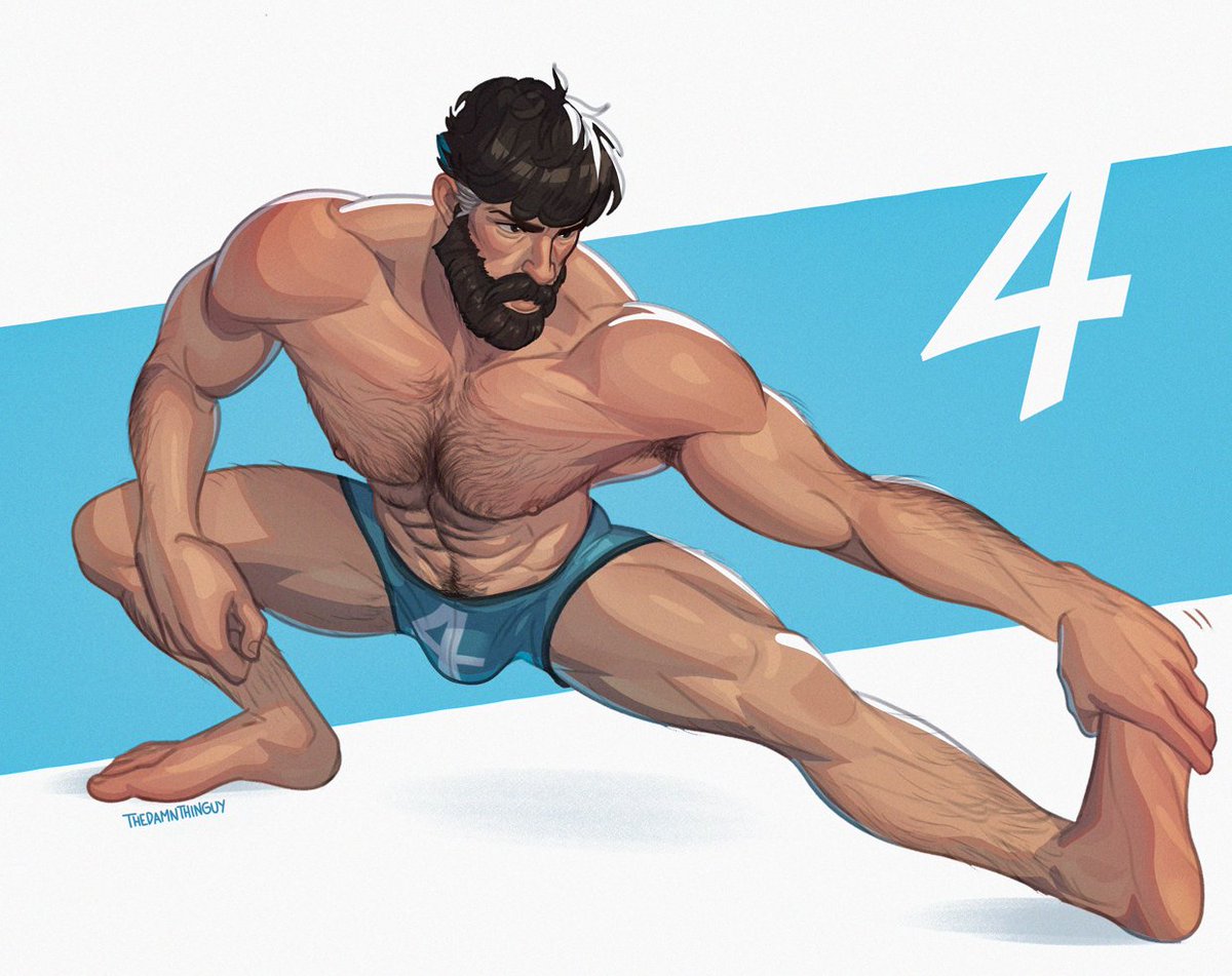 bara, beard, bulge, chest hair, daddy, dilf, fantastic four, hairy, hairy chest, hairy male, male, marvel, marvel comics, marvel rivals, mr fantastic, mr fantastic (marvel rivals), muscular, muscular male, reed richards, reed richards (marvel rivals), solo, solo focus, solo male, stretching, thedamnthinguy, underwear, yaoi