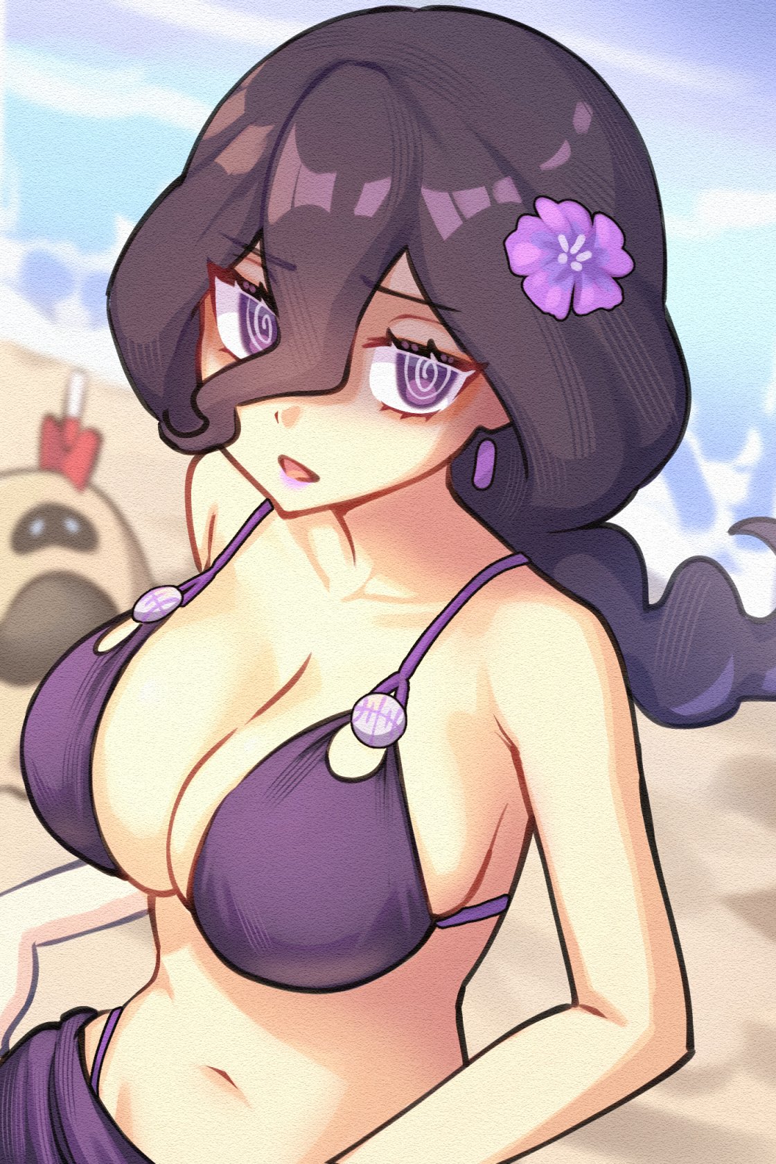 alternate breast size (larger), alternate costume, bare shoulders, beach, bikini, black hair, breasts, cleavage, collarbone, commentary, earrings, english commentary, female, female only, flower, game freak, hair between eyes, hair flower, hair ornament, hex maniac, highres, jewelry, large breasts, long hair, looking at viewer, nintendo, open mouth, outdoors, palossand, pokemon, pokemon (creature), purple bikini, purple eyes, purple sarong, sand, sand castle, sand sculpture, sarong, sher (imnotsher), smile, swimsuit, trowel, water