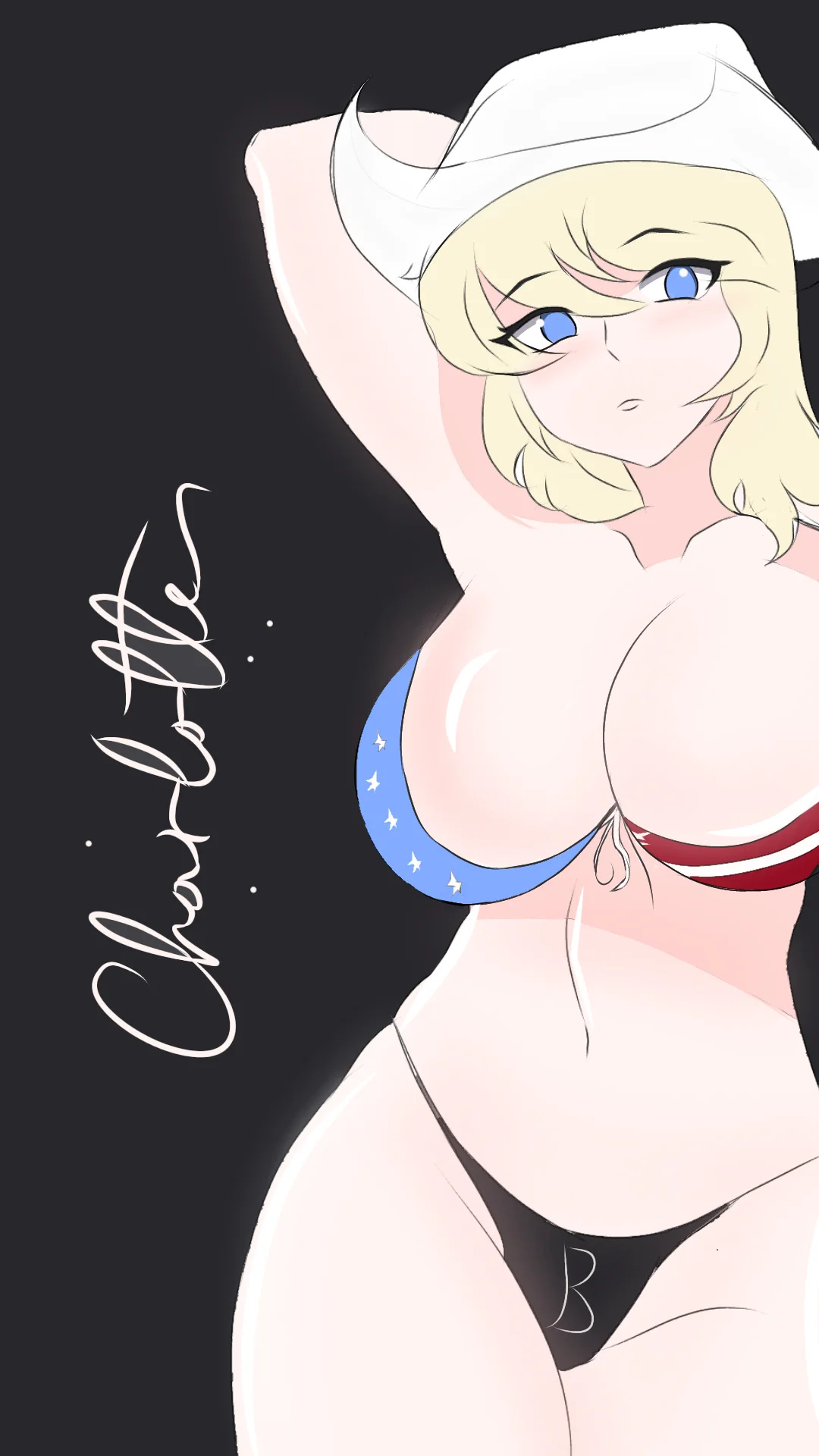1girls, 2d, 2d (artwork), 2d artwork, american flag, american flag bikini, artist request, bikini, bikini bottom, bikini top, blonde female, blonde hair, blonde hair female, blonde-haired female, blue eyes, breasts, breasts bigger than head, charlotte (dead ahead), curvy, curvy body, curvy female, curvy figure, curvy hips, curvy thighs, dead ahead, digital art, digital drawing, digital drawing (artwork), digital media, digital media (artwork), drawing, female, female focus, female only, hat, large breasts, larger female, long hair, looking at viewer, milf, panties, partially clothed, police, police officer, policewoman, seductive, seductive look, seductive pose, semi nude, solo, solo female, solo focus, standing, tits bigger than head, white skinned female
