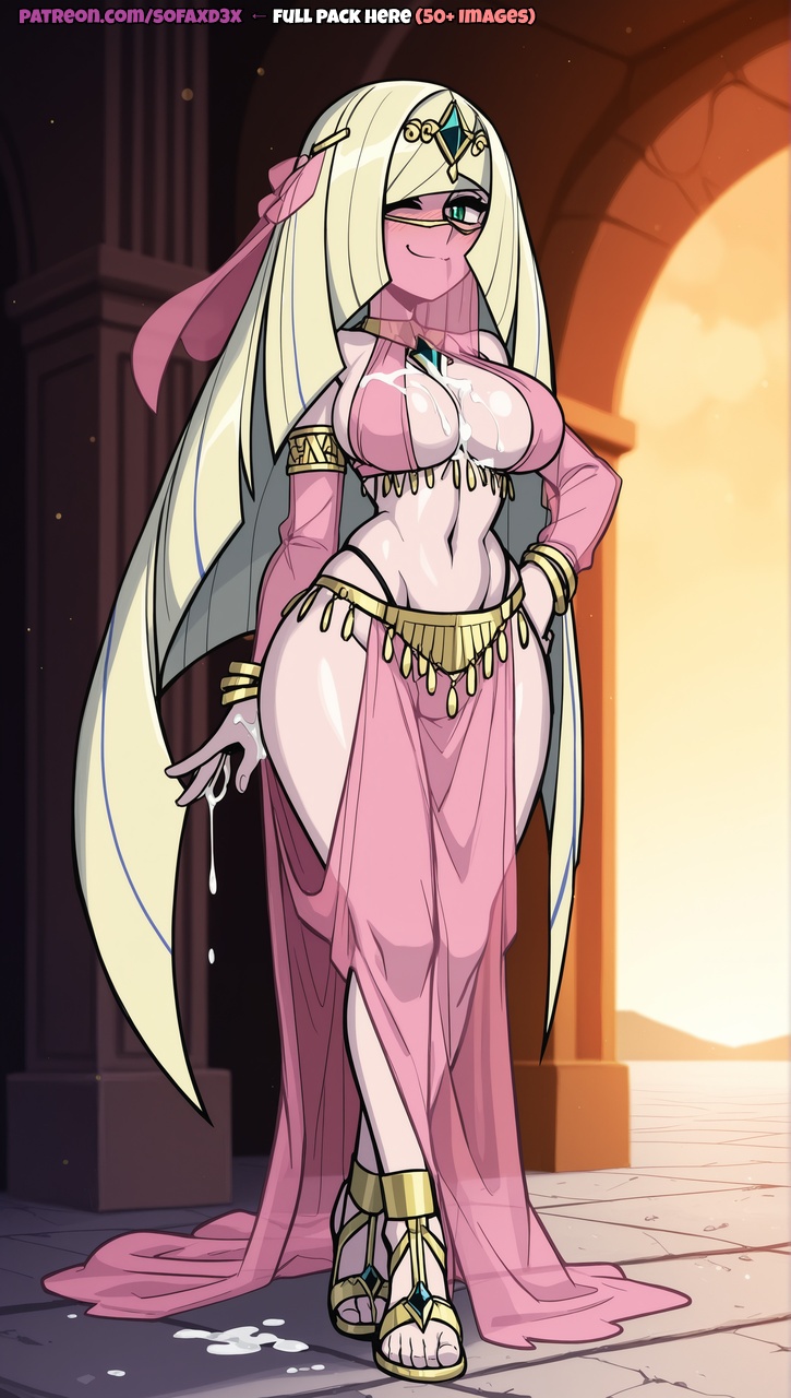 ai generated, alternate costume, arabian clothes, belly dancer, belly dancer outfit, blonde hair, blush, breasts, circlet, classy, classy female, cleavage, closed mouth, cum, cum on body, cum on breasts, dancer, detached sleeves, facial, fancy, fancy clothing, female, full body, green eyes, hair over one eye, hand on own hip, harem girl, harem outfit, high heels, highleg, highleg panties, jewelry, large breasts, long hair, looking at viewer, lusamine (pokemon), mature female, midriff, milf, mouth veil, navel, one eye closed, panties, pokemon, sandals, see-through, smile, sofaxd3x, solo, standing, toes, tongue, underwear, veil, very long hair