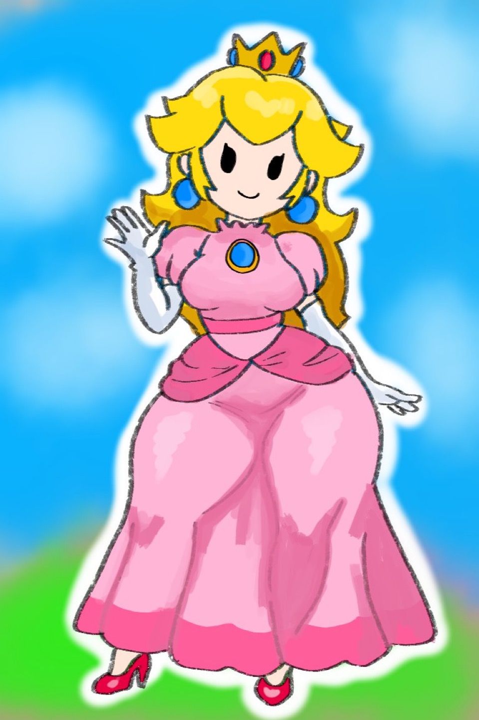 1girls, big ass, big breasts, blonde female, blurry background, breasts, brooch, clothing, crown, dress, dumbsmutty, dumbwitchyy, ear piercing, female, female only, fupa, high heels, human, human only, jpeg, light skin, light-skinned female, long hair, looking at viewer, mario (series), mob face, nintendo, no nose, outside, paper mario, paper peach, pink dress, posing for picture, princess, princess dress, princess peach, royalty, skindentation, snowbunny, solo, solo female, solo focus, super mario bros., thick thighs, visible thighs, waving hand