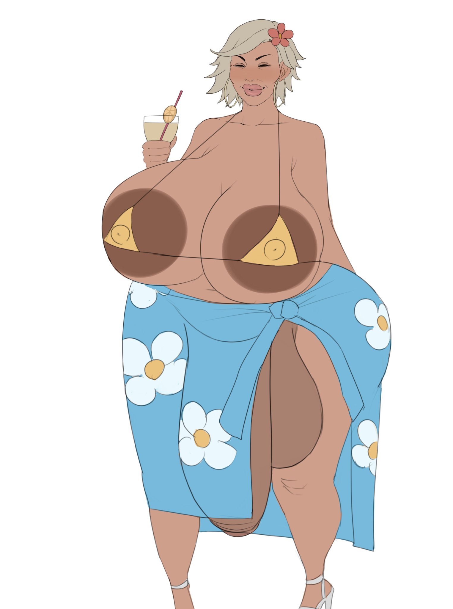 balls, big areola, big ass, big balls, big breasts, big butt, big penis, blonde hair, breasts, flower in hair, futa only, futanari, gilf, grandmother, heels, intersex, large areolae, large ass, large breasts, large penis, penis, smile, summer dress, sunny (sunninsfw), yellow bikini, yellow bikini top, ysr3215