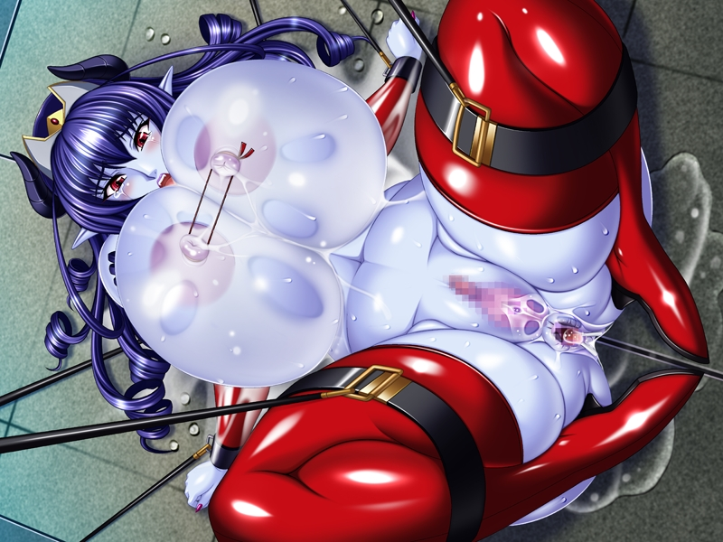 anus blue_skin bondage breast_expansion breasts censored demon_girl gigantic_breasts lactation long_hair ma_wo_youmu_joou milk nail_polish pichipichi_garou_r purple_hair pussy pussy_juice