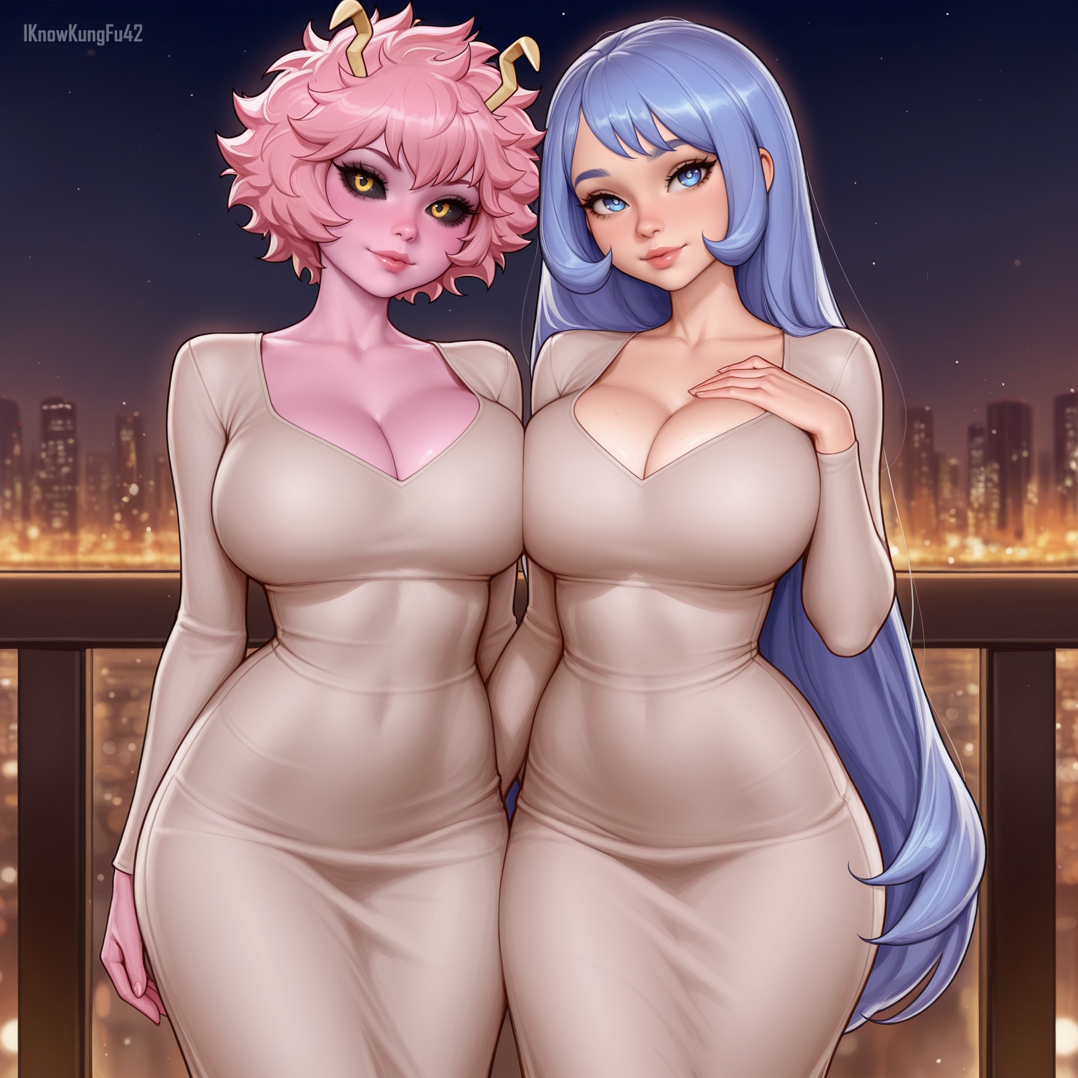 2girls, ai generated, artist name, big breasts, black sclera, blue eyes, blue hair, blue-haired female, boku no hero academia, breast press, breasts, cleavage, clothed, clothing, dongtan dress, dress, eyelashes, female, female only, hips, horns, hourglass figure, human, humanoid, iknowkungfu42, large breasts, light skin, light-skinned female, lips, long hair, looking at viewer, mina ashido, multiple females, multiple girls, my hero academia, nejire hado, pink hair, pink skin, pink-haired female, short hair, smile, symmetrical docking, wide hips, yellow eyes
