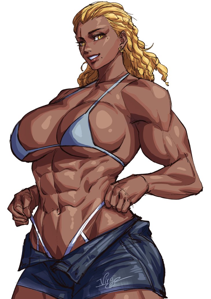1girls, 2022, abs, big breasts, bikini, blonde hair, braided hair, breasts, dark skin, dark-skinned female, female, female only, jean shorts, looking at viewer, malice firesday, muscles, muscular, muscular female, open shorts, shorts, smiling, smiling at viewer, solo, virgoart1509, white background, yellow eyes