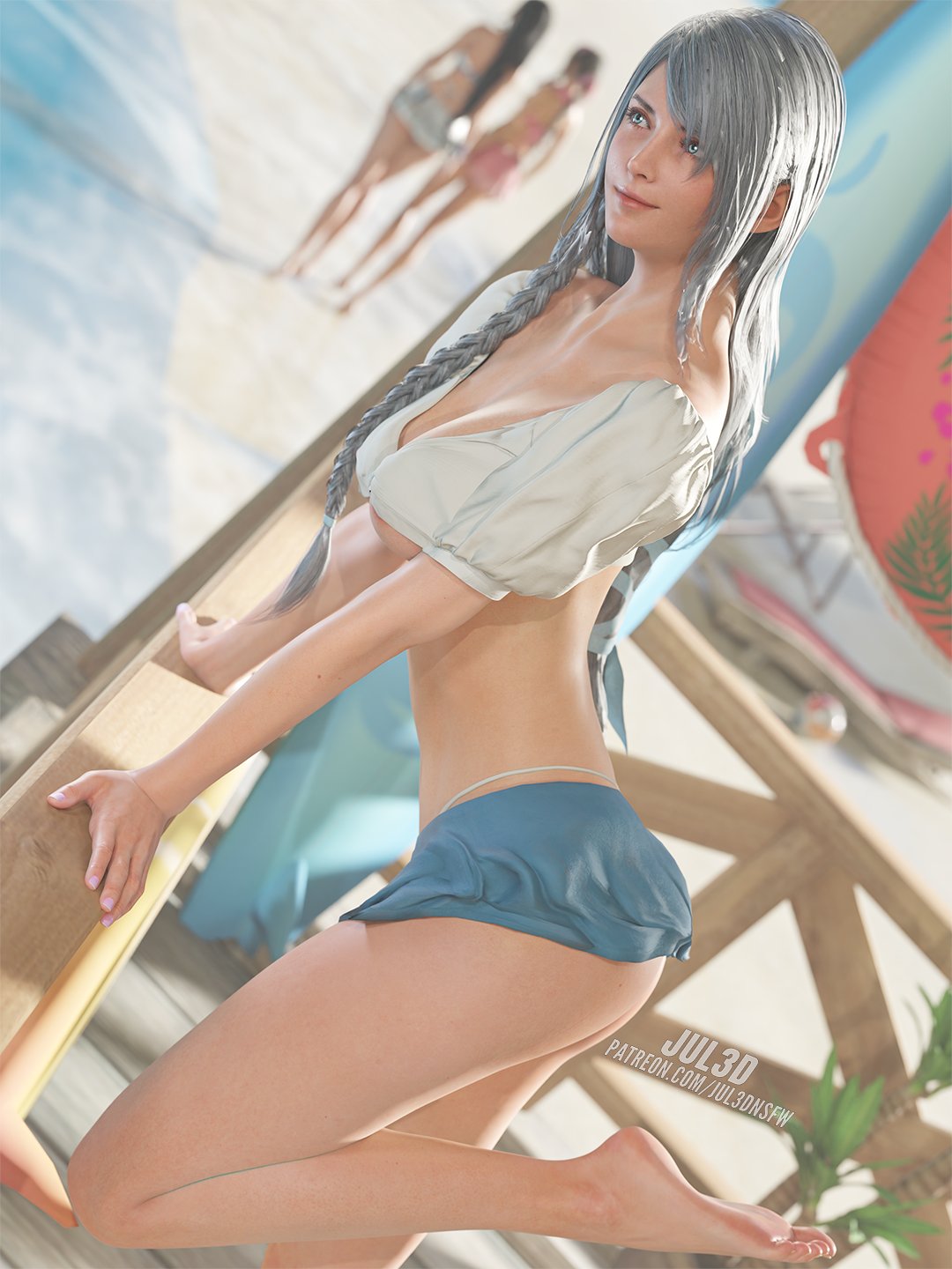 1girls, 3d, aerith gainsborough, bare midriff, barefoot, beach, big ass, big breasts, blender, breasts, cleavage, feet, feet up, female, female only, final fantasy, final fantasy vii, final fantasy xvi, grey hair, hi res, highres, jill warrick, jul3d, jul3dnsfw, large breasts, long hair, makeup, miniskirt, nail polish, skirt, soles, solo, tifa lockhart, white hair