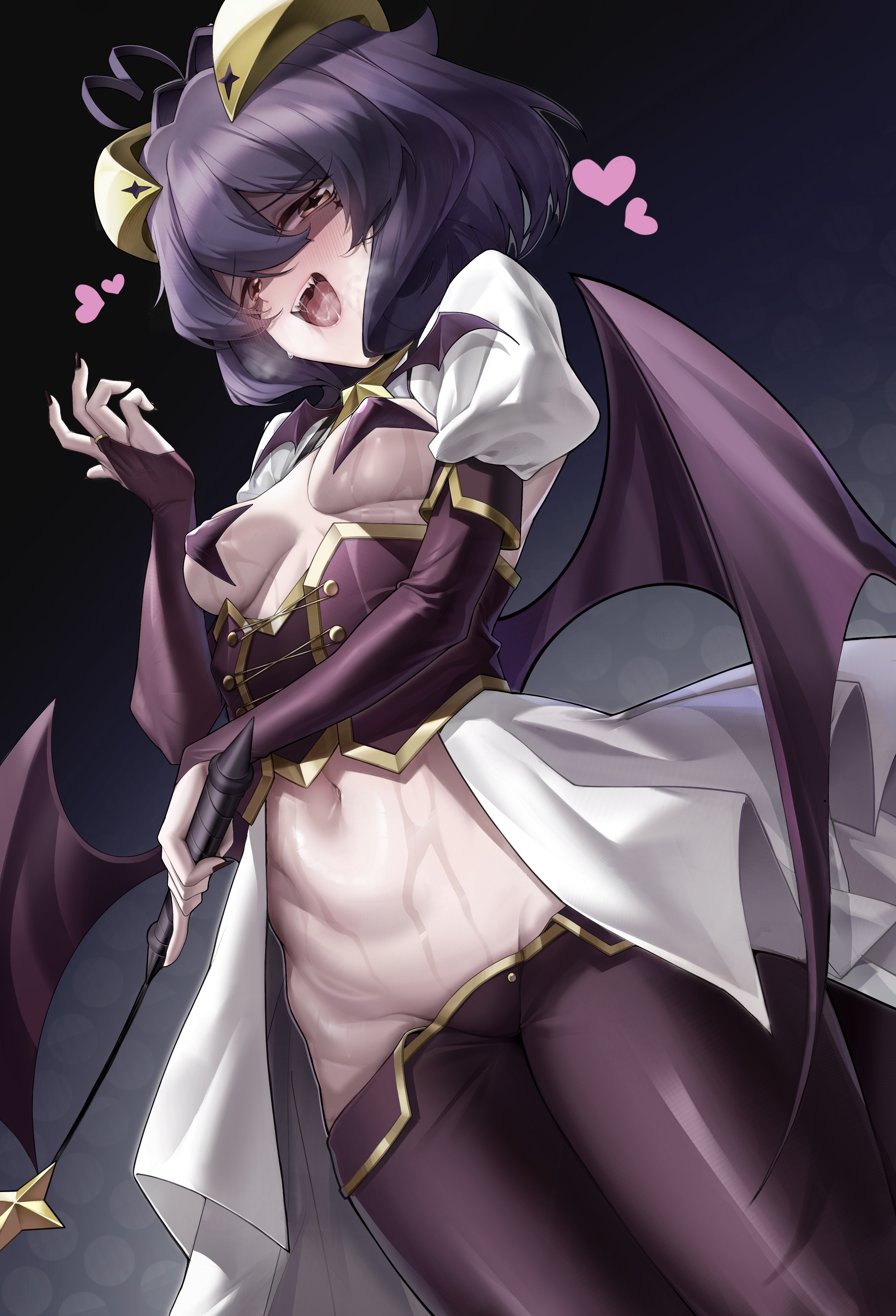 absurdres, ahoge, biting hair, blush, breastless clothes, breasts, corset, cross, cross pasties, female, fold-over gloves, forward-facing horns, highres, hiiragi utena, holding, holding riding crop, horns, jihua tong, lowleg, lowleg pants, magia baiser, mahou shoujo ni akogarete, medium breasts, navel, open mouth, pants, pasties, pink corset, purple corset, revealing clothes, riding crop, short hair, shrug (clothing), simple background, solo, star (symbol), star pasties, symbol-shaped pupils, wings, yellow eyes, yellow horns
