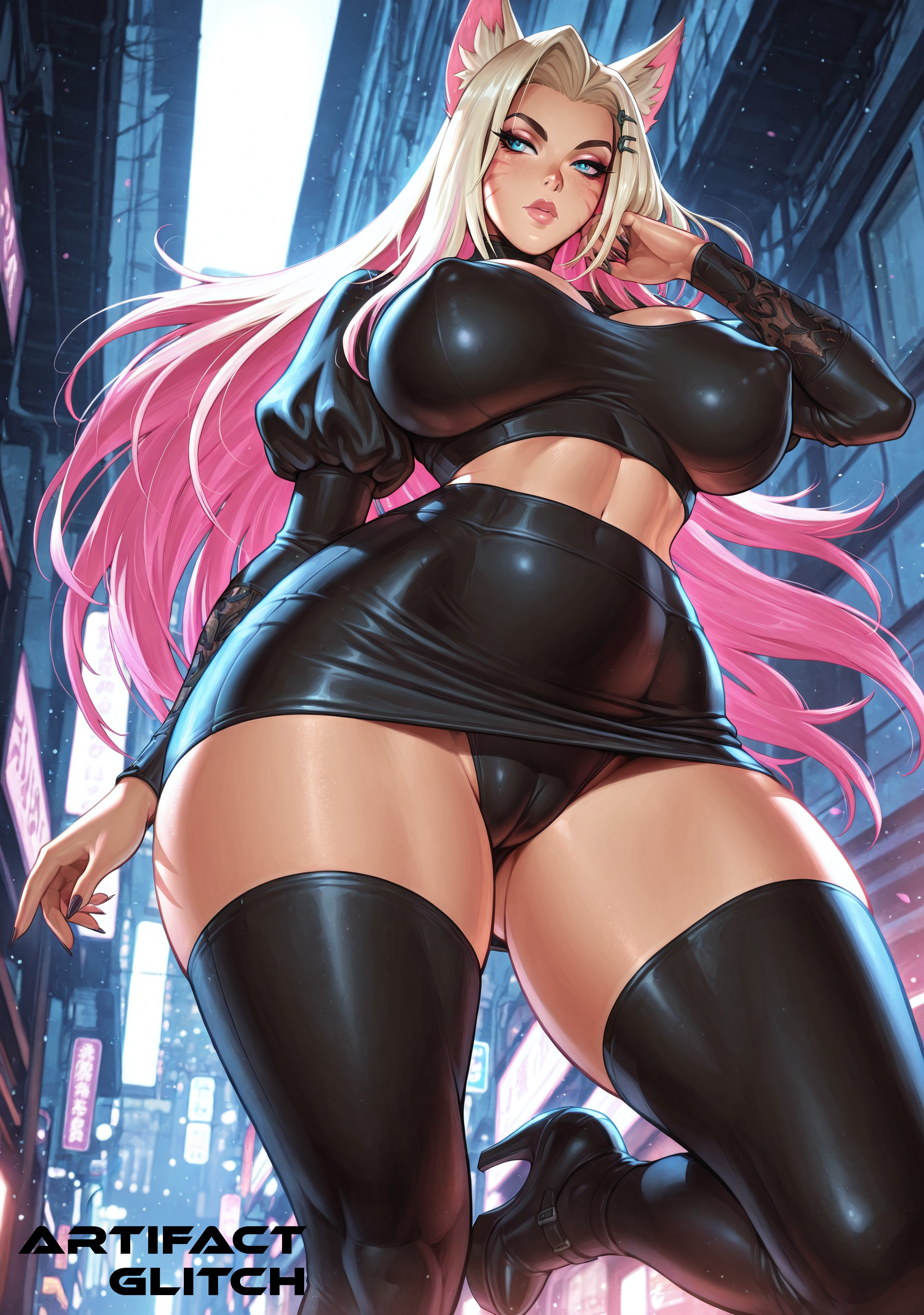 ahri, ahri (league of legends), ai generated, artifactglitch, big, blonde hair, breasts, cameltoe, female, high heels, k/da ahri, k/da all out ahri, k/da all out series, league of legends, long hair, sagging breasts, skirt, the baddest ahri, thick ass, thick thighs, thighhighs, tight clothing, vastaya