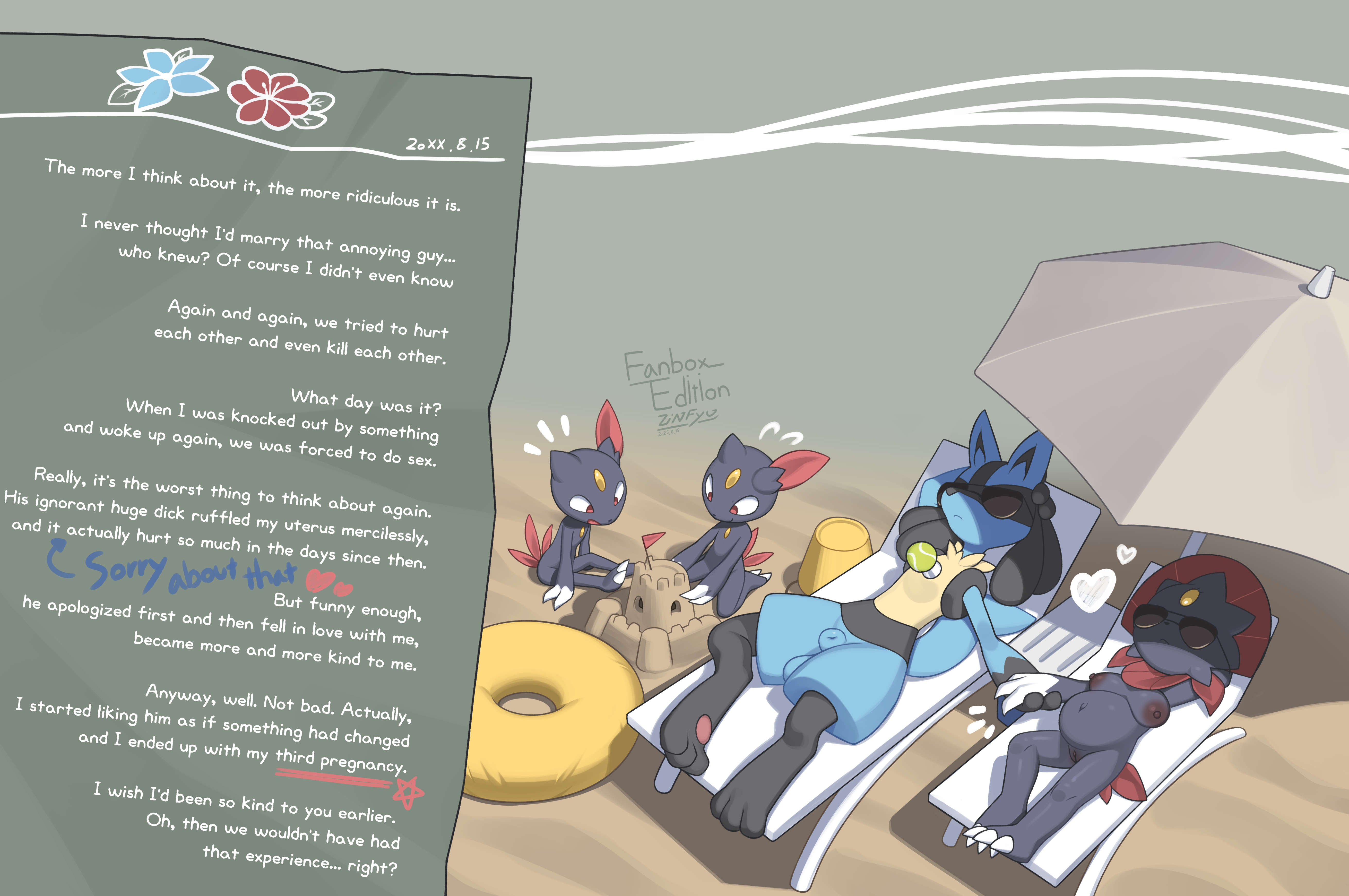 2 fingers, 2 toes, 2025, 3 fingers, absurd res, ambiguous gender, animal genitalia, anthro, areola, balls, beach, biped, blue body, blue fur, blue tail, breasts, chest spike, claws, digital drawing (artwork), digital media (artwork), english text, eyewear, feet, female, finger claws, fingers, fully sheathed, fur, generation 2 pokemon, generation 4 pokemon, genitals, glasses, grey body, grey fur, group, hand holding, hi res, kneeling, lucario, lying, male, navel, nintendo, nipples, nude, nude ambiguous, nude anthro, nude female, nude male, on back, open mouth, open smile, pokemon, pokemon (species), pregnant, pregnant female, pussy, sheath, sitting, smile, sneasel, spikes, spikes (anatomy), tail, text, toe claws, toes, vulva, weavile, wide hips, zinfyu