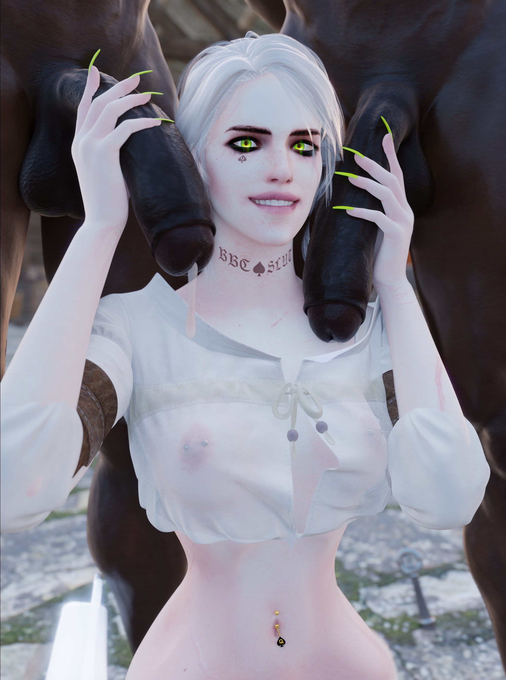 1girls, 2boys, 3d, abs, areolae, bbc choker, both hands on cock, cd projekt red, ciri, clothed sex, clothing, cuckold, dark skin, dark-skinned male, female, foreskin, hand on penis, handjob, happy, holding penis, huge cock, interracial, light skin, light-skinned female, long fingernails, looking at viewer, male, multiple boys, multiple males, multiple penises, naked, naked female, navel piercing, nipple piercing, nipples, notgood3d, nude, nude female, outdoors, pale skin, pale-skinned female, penis, pov, pov male, precum, precum drip, queen of spades, see-through, see-through clothing, sex, skinny, smile, smiling, smiling at viewer, sucking, sweating, sweaty, tattoo, tattoo on face, tattoos, the witcher (series), uncircumcised