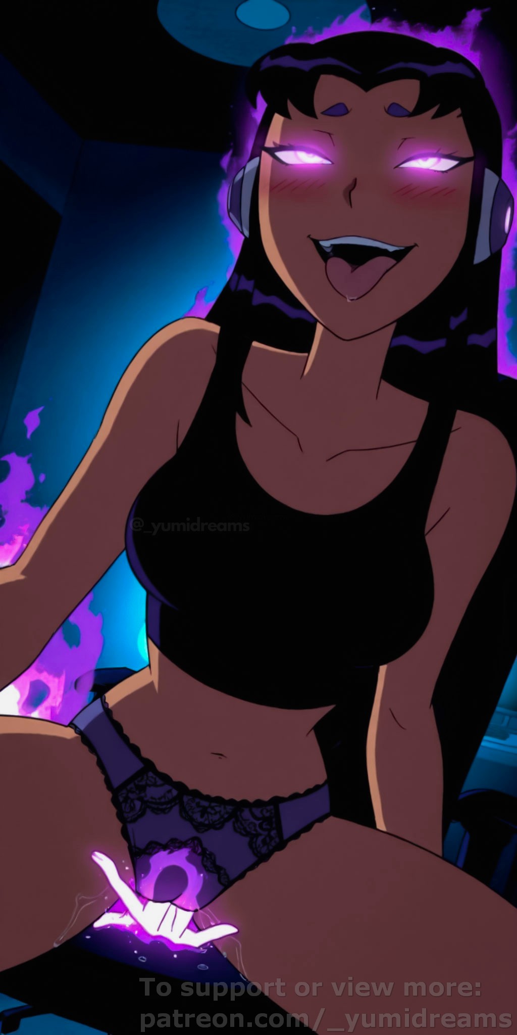  yumidreams, :p, accurate art style, ai generated, bangs, bare shoulders, bedroom, black crop top, black hair, blackfire, collarbone, crop top, dark-skinned female, drooling, female, female masturbation, fingering, fingering through clothes, fingering through panties, gamer girl, glowing, glowing body, glowing eyes, glowing genitalia, headphones, high resolution, highres, lacy panties, long hair, magic, magic hand, magic hands, magical girl, masturbating, masturbation through clothing, navel, panties, patreon username, saliva, saliva trail, sitting, spell, spellcasting, spread legs, teen titans, teeth, tongue, tongue out, upper teeth only