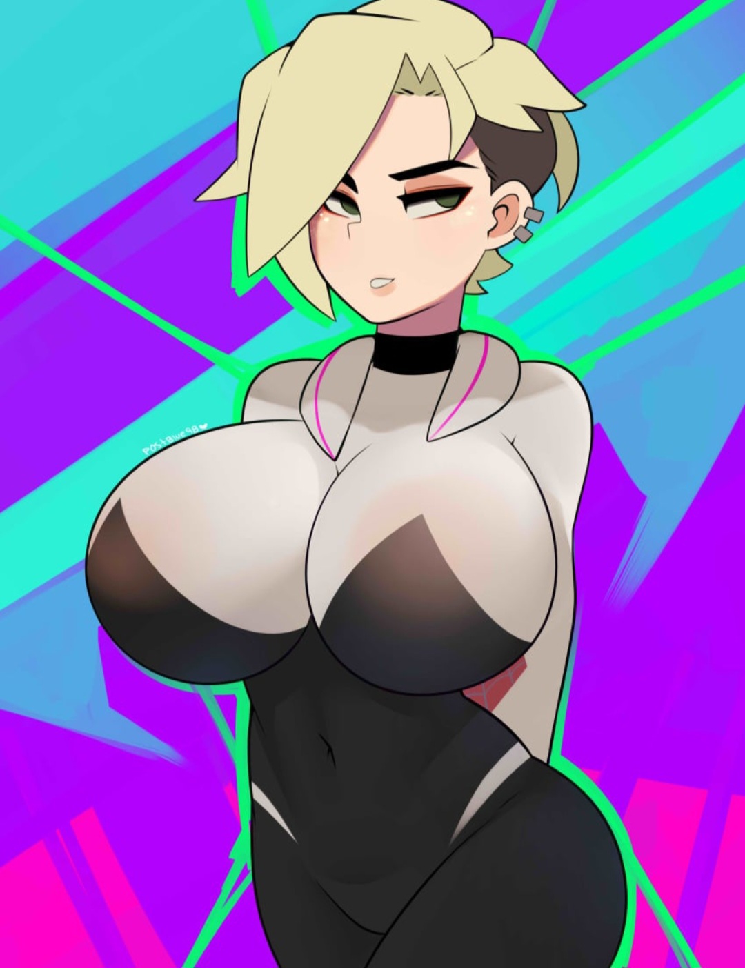 1girls, 2d, asymmetrical hair, big breasts, breasts, breasts bigger than head, busty, clothed female, favorite, female, female focus, female only, green eyes, gwen stacy, gwen stacy (spider-verse), huge breasts, human, human only, humanoid, jpeg, large breasts, light skin, light-skinned female, marvel, marvel comics, not furry, pale skin, pale-skinned female, postblue98, short hair, solo, solo focus, spider-gwen, spider-man (series), spider-man: into the spider-verse, thick thighs