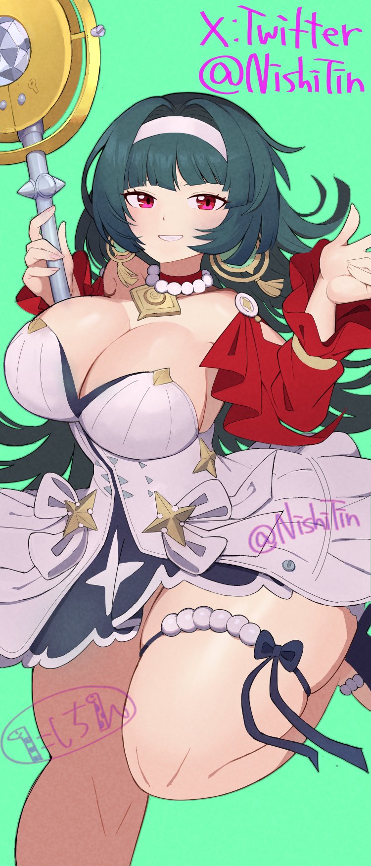 astra yao, big breasts, big thighs, breasts, female, female only, green background, magic staff, nishitin, smiling, white clothing, zenless zone zero