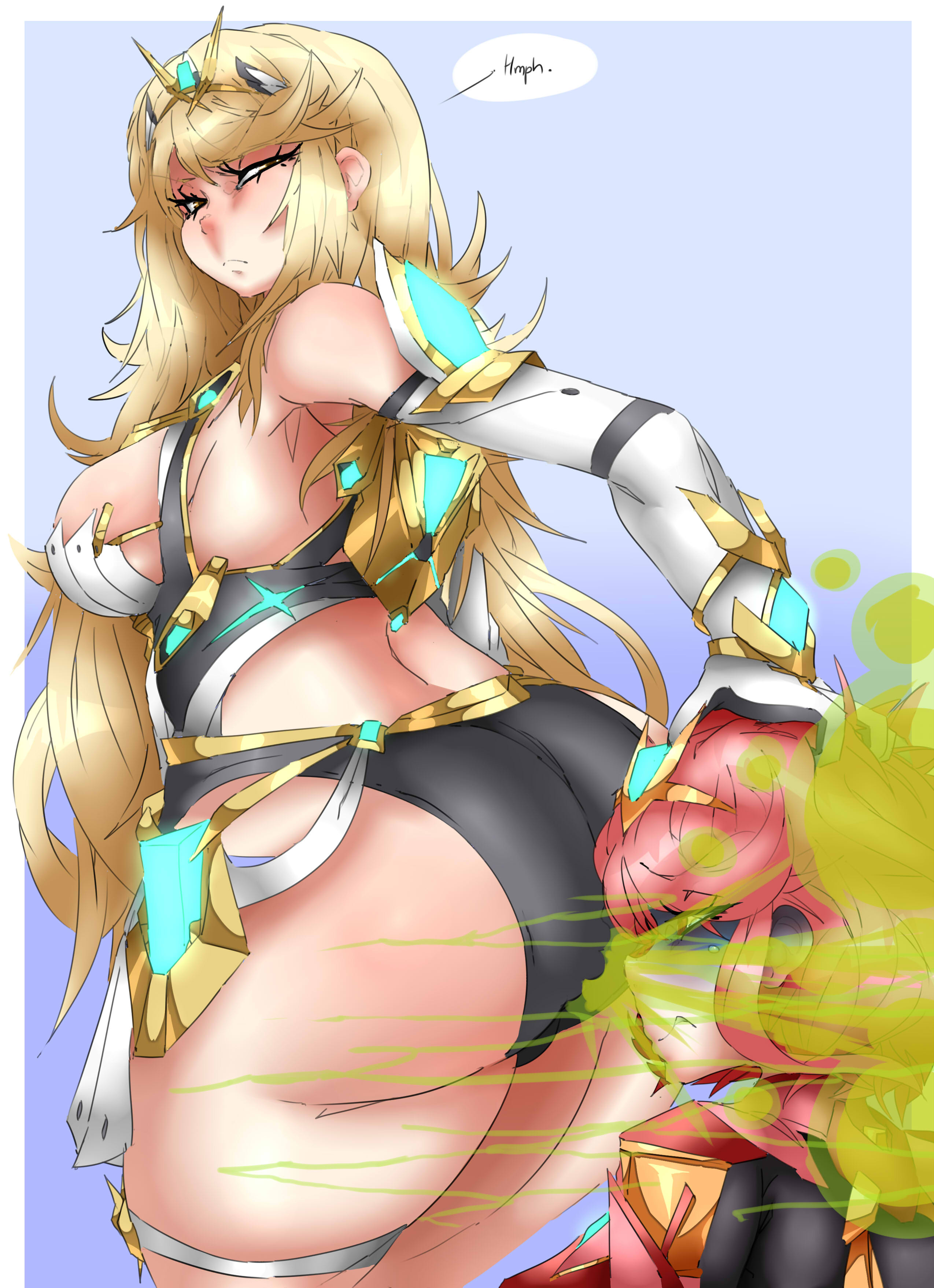 2girls, ass, ass bigger than head, big ass, big butt, blonde hair, english text, fart, fart cloud, fart fetish, fart torture, farting, farting in face, female, hand on head, lazei, looking back, mythra, mythra (xenoblade), nintendo, pyra, pyra (xenoblade), rear view, red hair, standing, tears, text, text bubble, thick thighs, viewed from behind, xenoblade (series), xenoblade chronicles, xenoblade chronicles (series), xenoblade chronicles 2, yellow eyes, yuri
