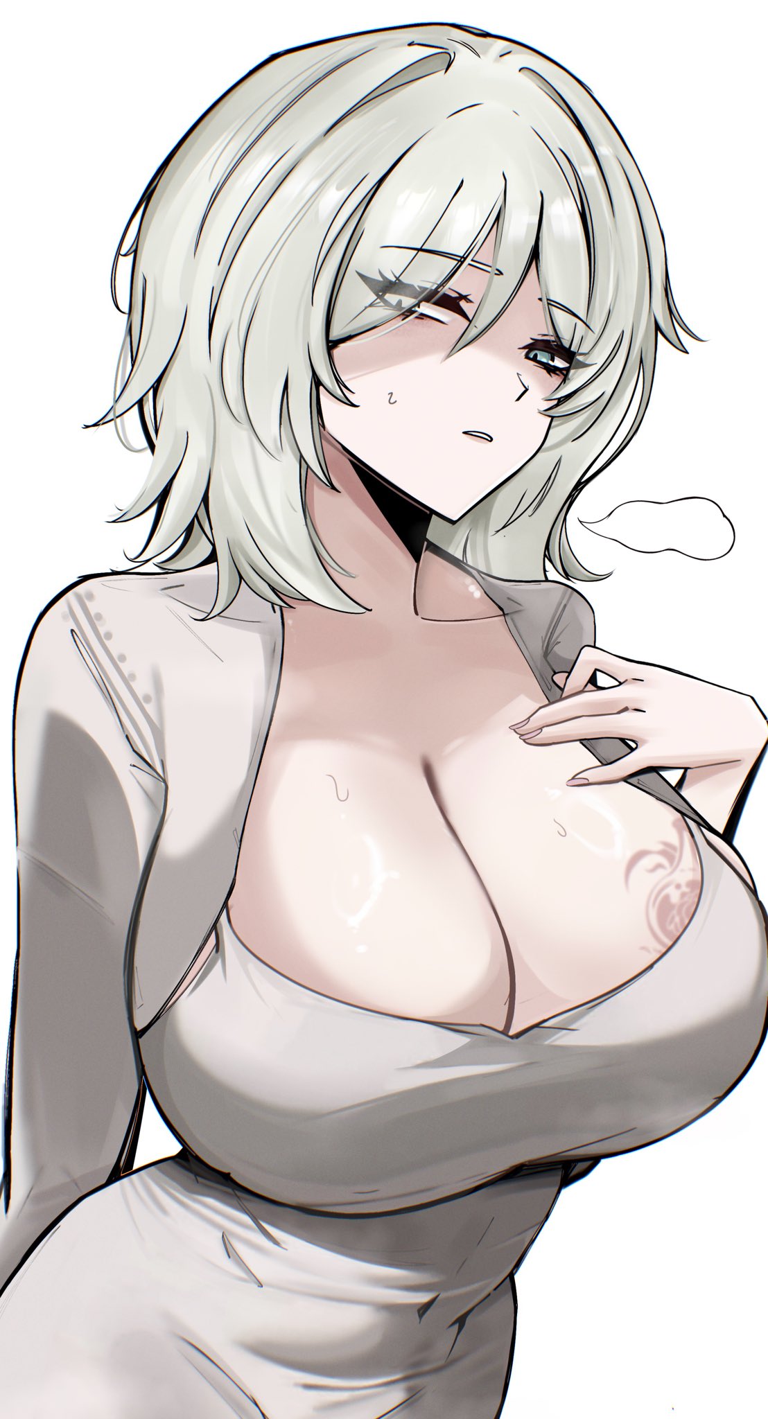 1girls, blue eyes, breast tattoo, breasts, busty, busty female, cleavage, collarbone, dongtan dress, dress, eyebrows visible through hair, faust (limbus company), female, female only, hand on chest, huge breasts, light skin, light-skinned female, limbus company, looking at viewer, m ayonessa, navel, navel visible through clothes, project moon, short hair, skindentation, solo, solo female, sweat, sweatdrop, tattoo on chest, visible breath, white background, white hair