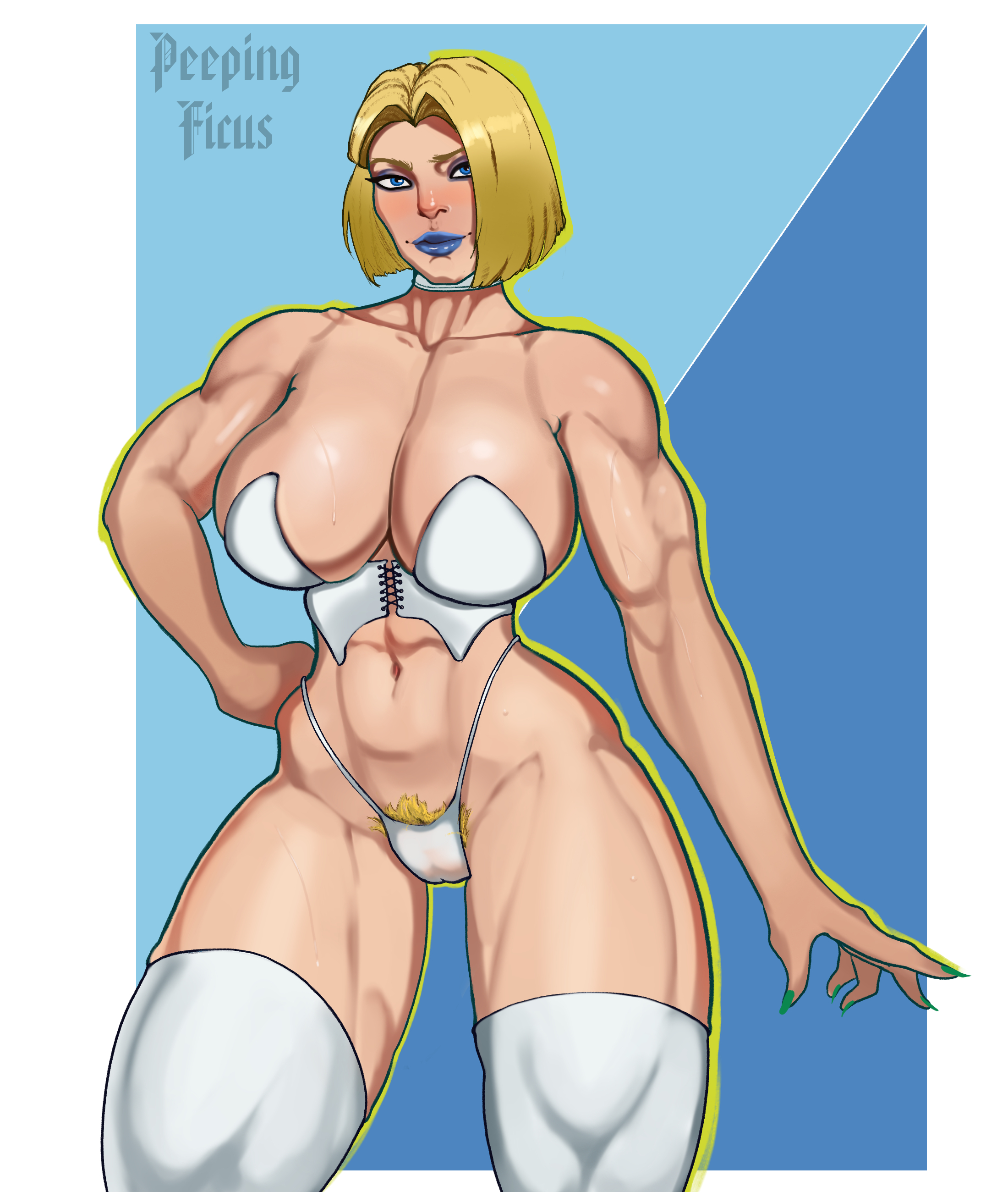 1girls, abs, blonde female, blonde hair, blue eyes, blue lipstick, blue nails, bob cut, corset, emma frost, emma frost (marvel rivals), female, female only, light skin, light-skinned female, marvel, marvel comics, marvel rivals, muscular, muscular female, muscular legs, muscular thighs, panties, peepingficus, pubic hair, short hair, solo, solo female, stockings, x-men