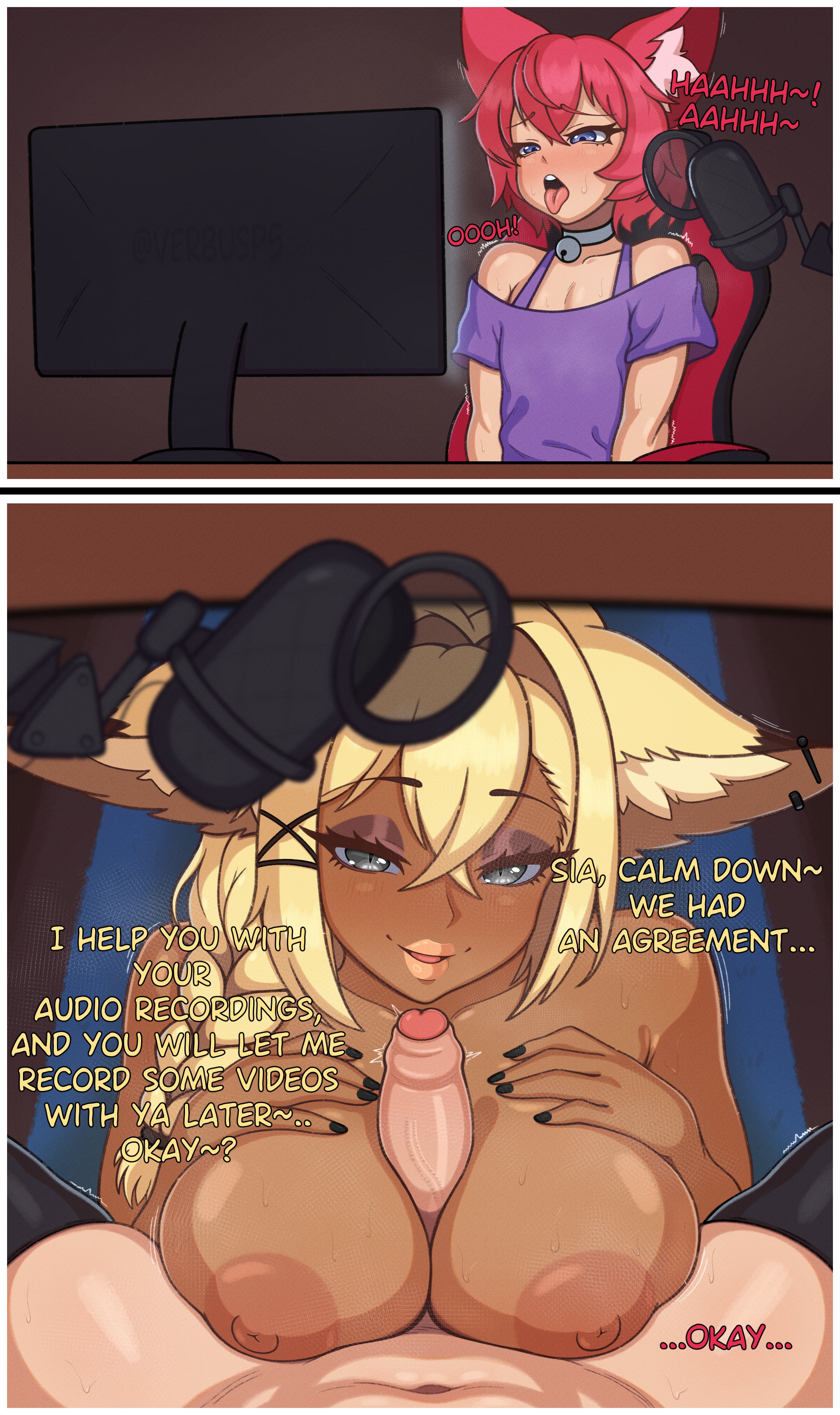 1boy, 1girls, 2025, 2d, 2d (artwork), bedroom eyes, big breasts, blue eyes, breasts, computer, dialogue, english, english dialogue, english text, female, female on femboy, femboy, femboy on female, femboysub, femdom, fox, fox girl, looking pleasured, male, male/female, narrowed eyes, paizuri, red hair, sam (verbus), sia (sia mofu), text, titjob, under the table, verbus