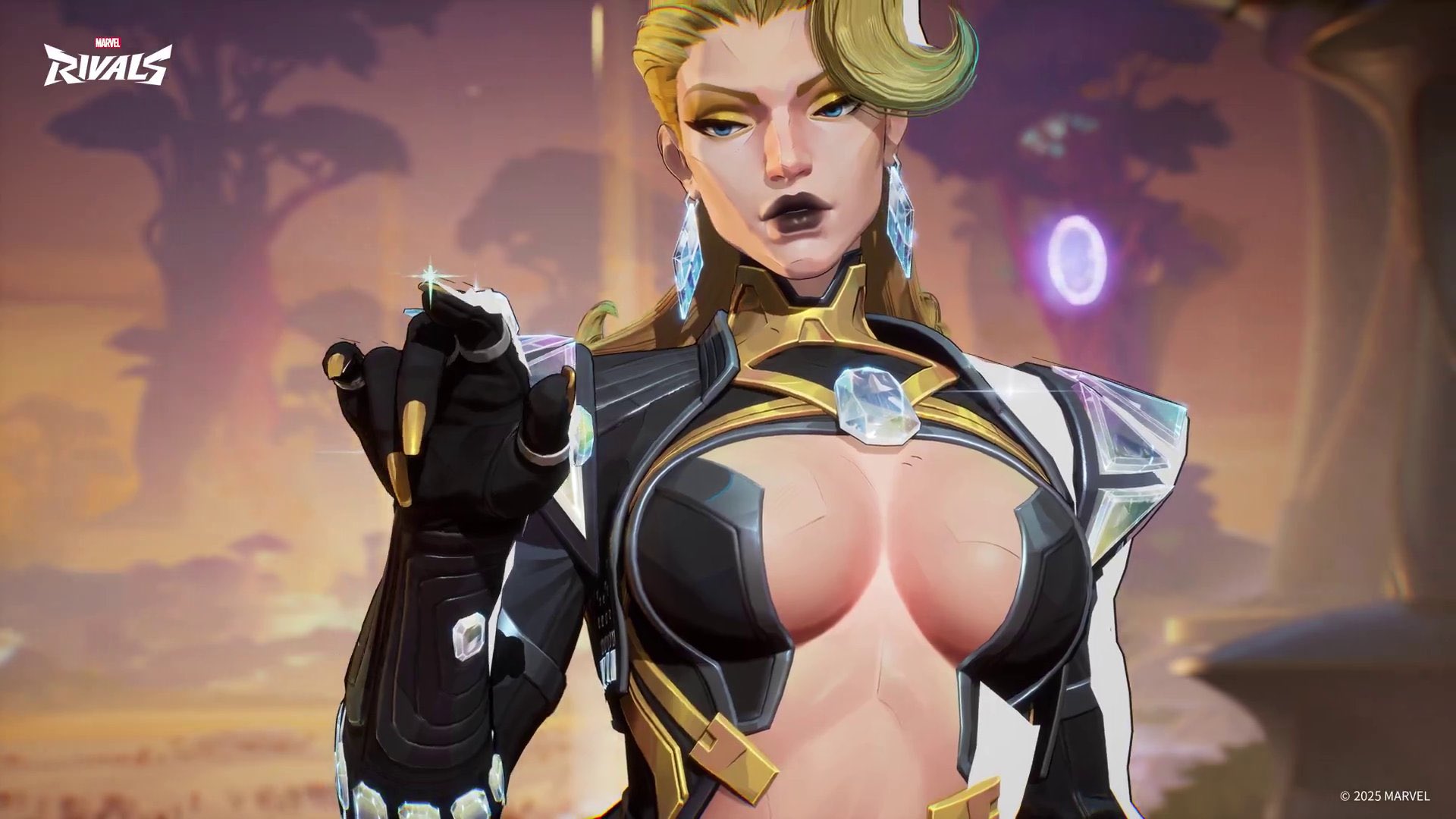1girls, 3d, big breasts, black lipstick, blonde female, blonde hair, breasts, cleavage, emma frost, emma frost (marvel rivals), emma frost (x-revolution), female, female only, marvel, marvel comics, marvel rivals, official art