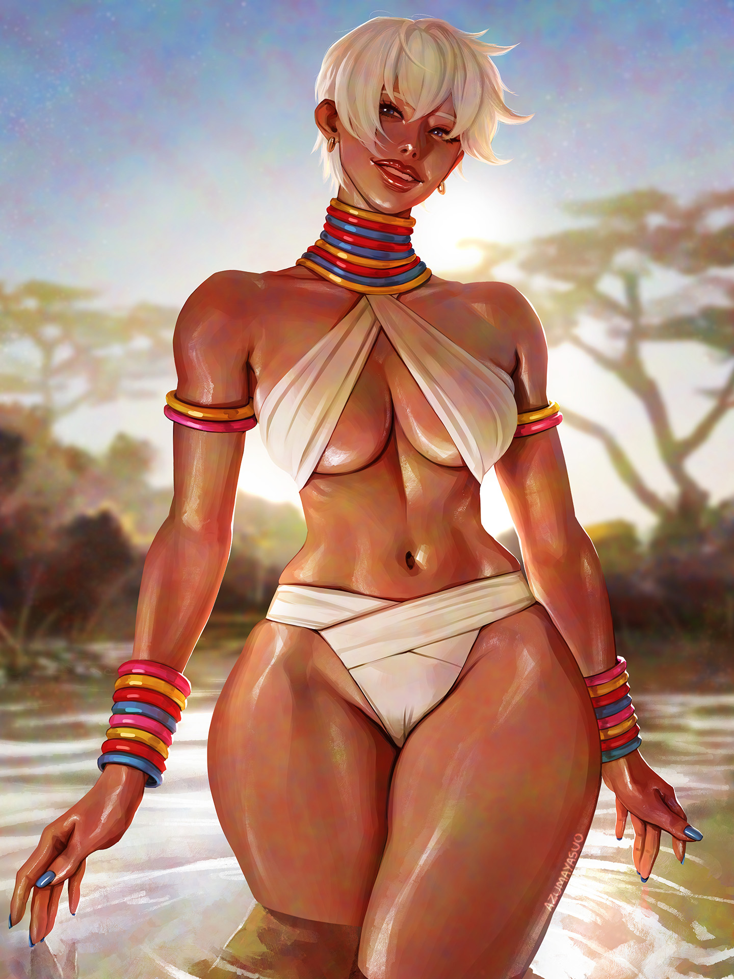 1girls, azuma yasuo, azumaarts, breasts, dark skin, dark-skinned female, elena (street fighter), female, female only, street fighter, thick thighs, underboob, wide hips