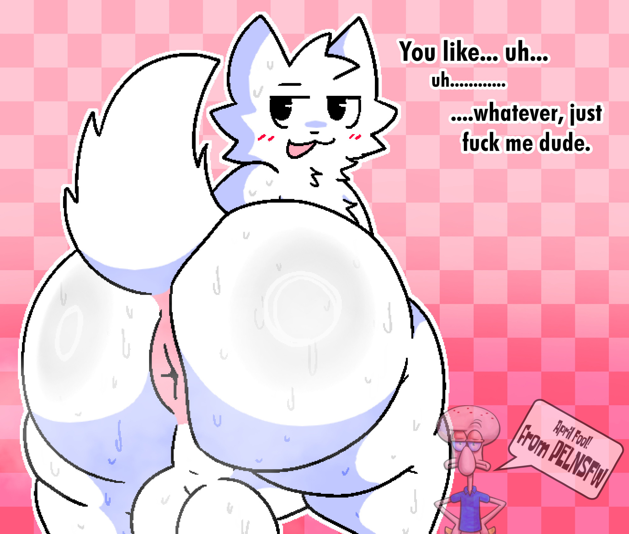 1boy, anthro, anus, ass, backsack, balls, ballsack, big ass, boykisser, dialogue, femboy, furry, male, male focus, male only, operario juniors, pelnsfw, peludoburro, silly cat (mauzymice), squidward tentacles, sweat, sweatdrop, sweating, tagme, text