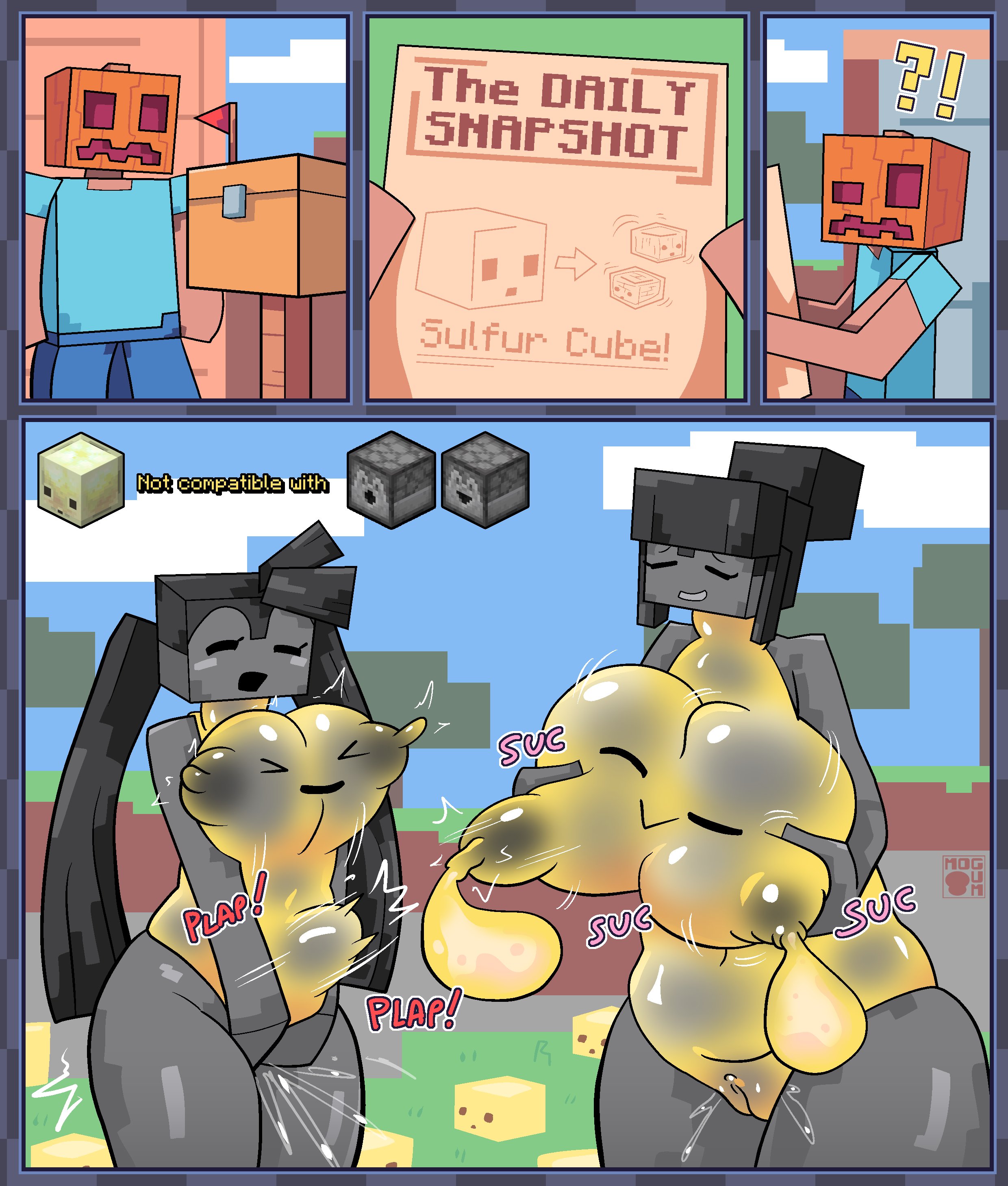 1boy, 2girls, big boobs, big breasts, big tits, boobs, breast size difference, breasts, breasts size difference, cameltoe, carved pumpkin, chest, dispenser (minecraft), dropper, dropper (minecraft), english text, female, grey body, grey hair, hairbun, height difference, lactating, lactation, leotard, living clothes, long hair, milk, milking, minecraft, minecraft anthro block, minecraft block, minecraft mob, nipples, pumpkin, pumpkin head, pussy, slime, slime clothing, squeezing, squeezing breast, steve (minecraft), sulfur cube (minecraft), text, thick thighs, thighs, tits, tmogumi, turtleneck, twintails, vagina, woman