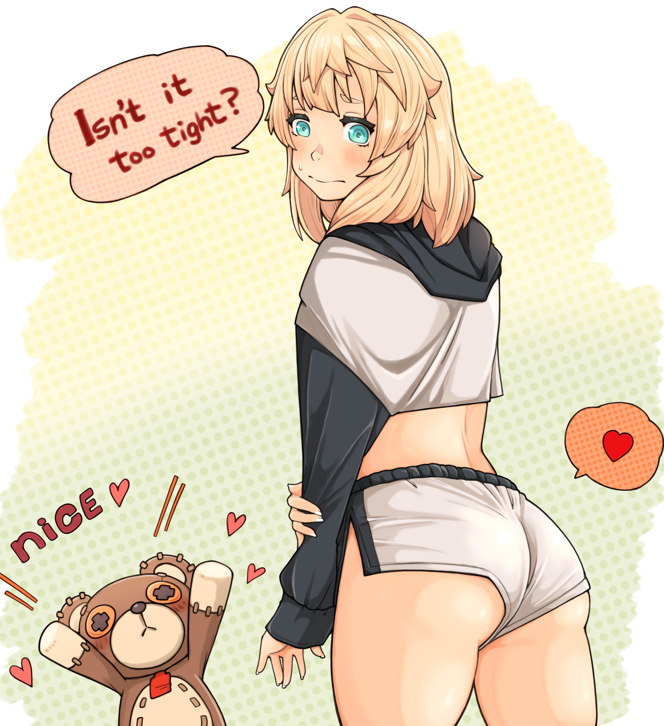 1boy, arc system works, ass, blonde hair, booty shorts, bridget, femboy, guilty gear, guilty gear strive, heart, living toy, male, male only, roger (guilty gear), shy, sugag, text, trans, trans woman, transfem, trap