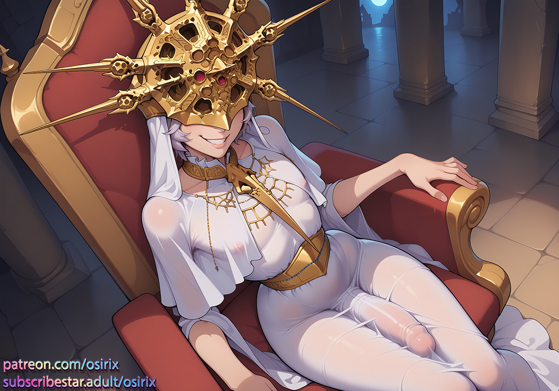 1boy, 1femboy, ai generated, bulge under clothes, dark souls, dark sun gwyndolin, dress, erection, erection under clothes, erection under clothing, femboy, femboy only, fromsoftware, male, osirix, otoko no ko, penis, self upload, sitting, solo, stable diffusion, throne, white dress, white hair