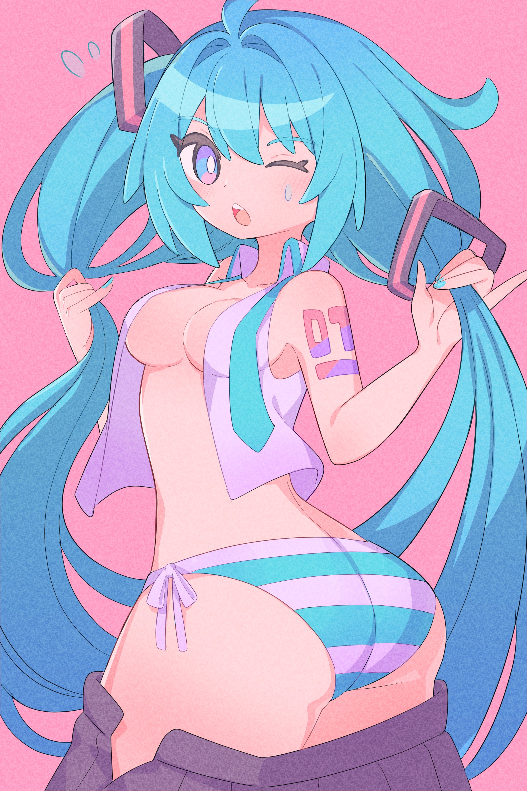 1girl, ahoge, ass, bikini bottom, black skirt, blue eyes, blue hair, blue nails, breasts, cleavage, cowboy shot, curvy female, curvy figure, female, female only, flying sweatdrops, hatsune miku, holding, holding hair, long hair, looking at viewer, medium breasts, nail polish, necktie, nishitin, no bra, one eye closed, open clothes, open mouth, open shirt, panties, pink background, pleated skirt, shirt, shoulder tattoo, shoulders, side-tie panties, simple background, skirt, skirt pull, sleeveless, sleeveless shirt, small breasts, solo, striped, striped panties, sweatdrop, tattoo, teeth, twintails, underwear, upper teeth only, very long hair
