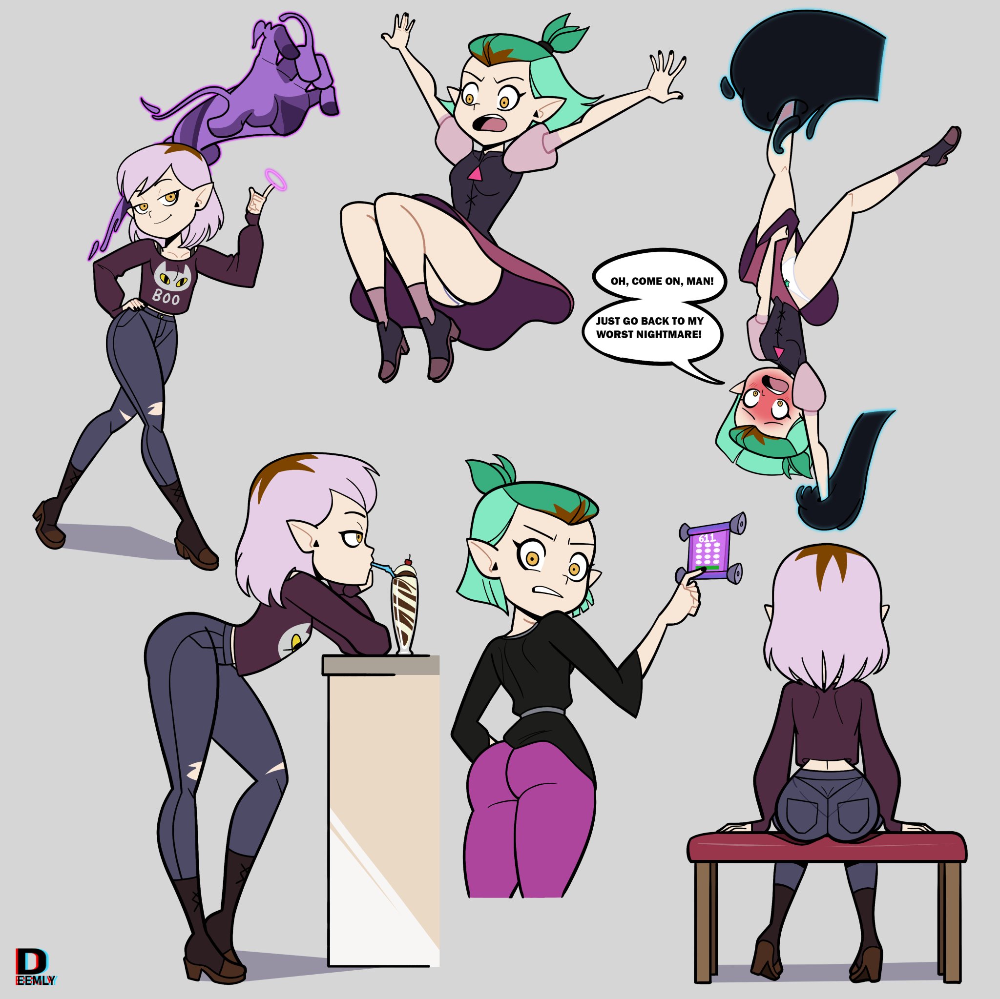 amity blight, boots, crop top, deemlyart, different poses, disney, disney channel, female, female only, green hair, jeans, no watermark, purple hair, sweater, tagme, the owl house