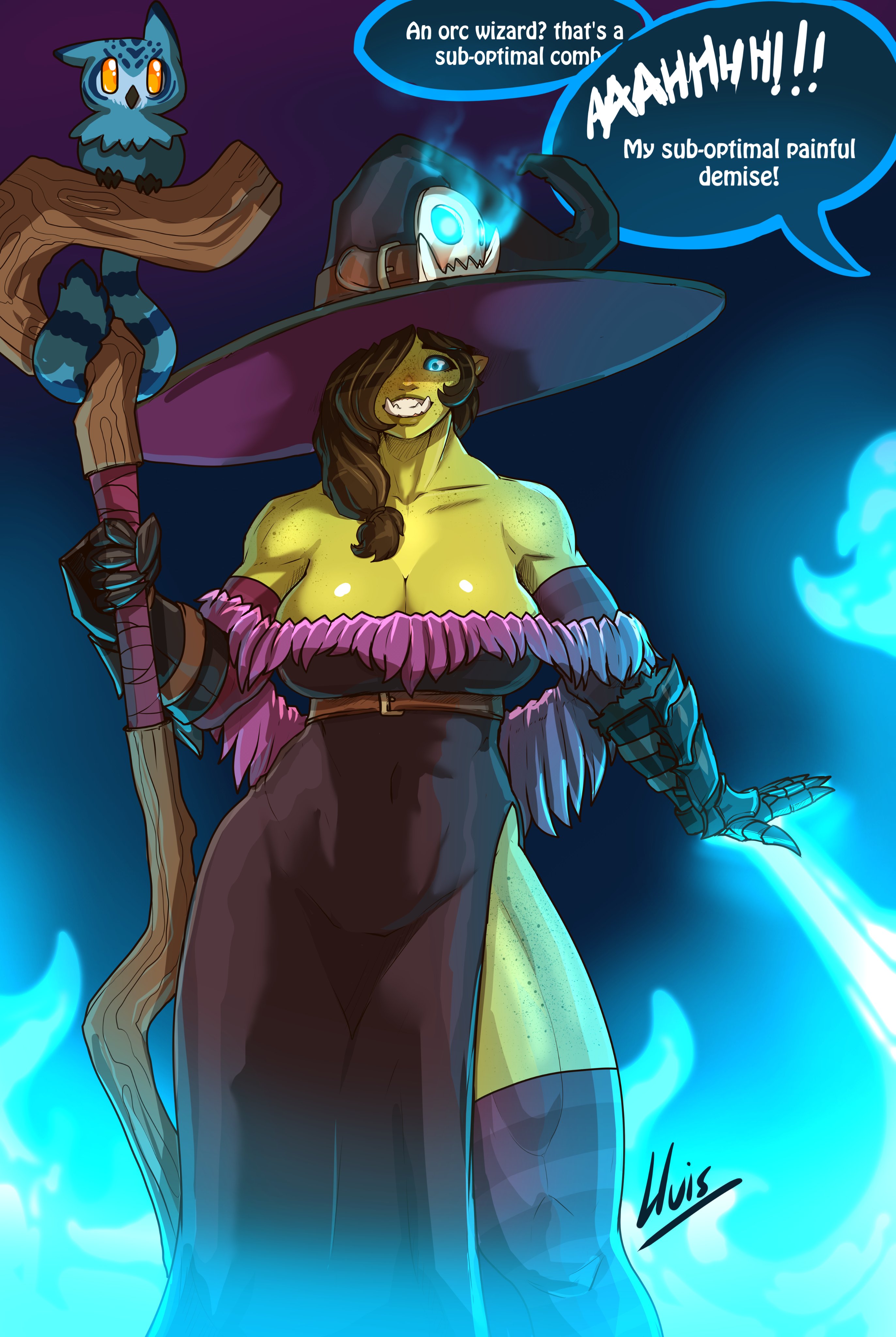 1girls, 2023, absurd res, armor, avian, big breasts, bird, blue eyes, breasts, brown hair, cleavage, clothed, clothed female, clothing, dialogue, dress, familiar, fangs, female, female only, freckles, front view, gauntlets, gloves, green body, green skin, green-skinned female, hair, hair over eye, hair over one eye, handwear, hi res, holding object, holding staff, humanoid, legwear, lluisabadias, long hair, looking at viewer, magic, magic user, muscular, muscular female, muscular humanoid, offscreen character, one eye obstructed, orc, orc female, original, oversized hat, owl, ponytail, purple dress, solo, solo female, speech bubble, staff, standing, stockings, teeth, thick thighs, thigh highs, thighs, witch, witch hat, wizard, wizard hat
