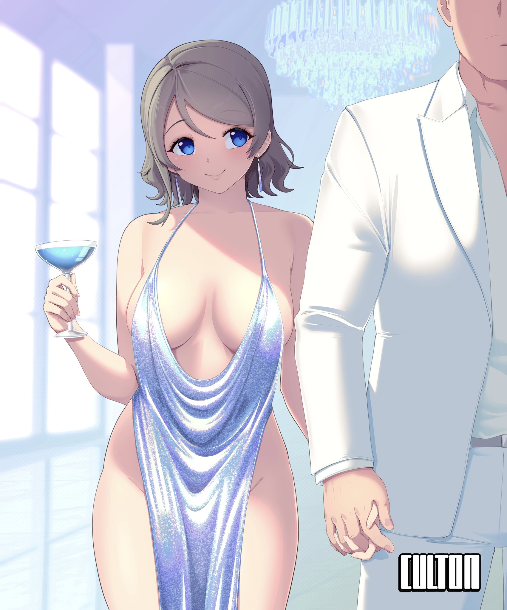1boy, 1girls, alcohol, breasts, brown hair, chandelier, cleavage, cocktail dress, culton, dress, drinking glass, female, height difference, holding hands, large breasts, love live!, love live! sunshine!!, male, revealing clothes, short hair, size difference, standing, thighs, tuxedo, watanabe you