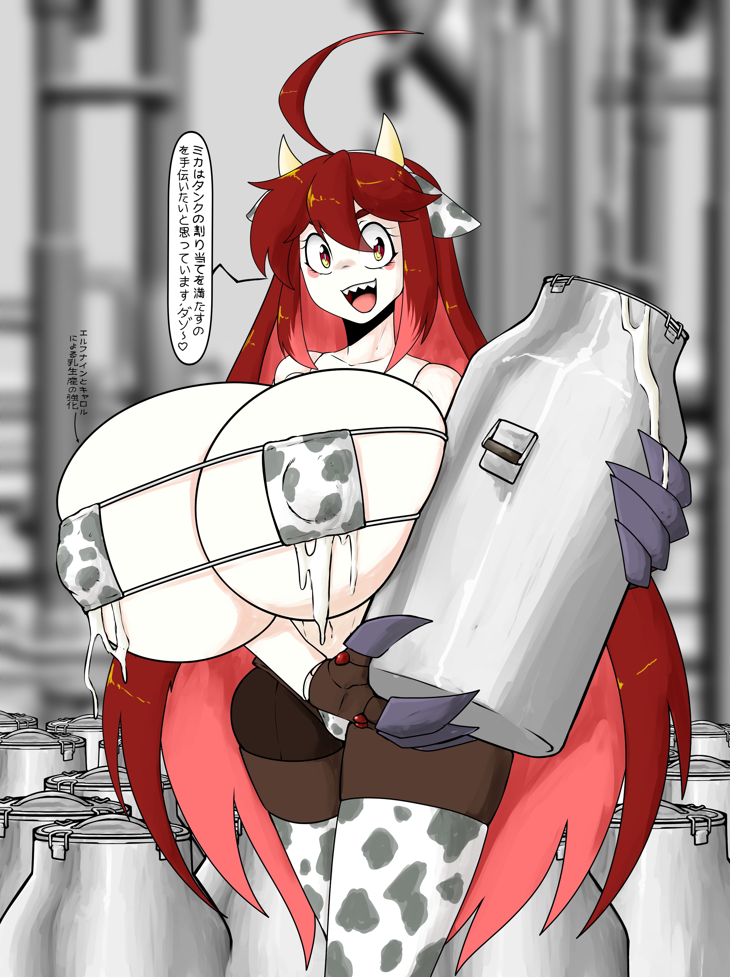 1girls, ahoge, autoscorer, blush, breasts, claws, cow headband, cow horns, cow print, cow print bikini, cow print thighhighs, eyepatch bikini, fake animal ears, fake horns, female, female only, holding container, holding object, huge breasts, japanese text, lactation, lactation without expressing, long hair, looking at viewer, massive breasts, micha jawkan, milk, nipple bulge, open mouth, red eyes, red hair, rust and bolts, senki zesshou symphogear, sharp teeth, smile, teeth, thighhighs